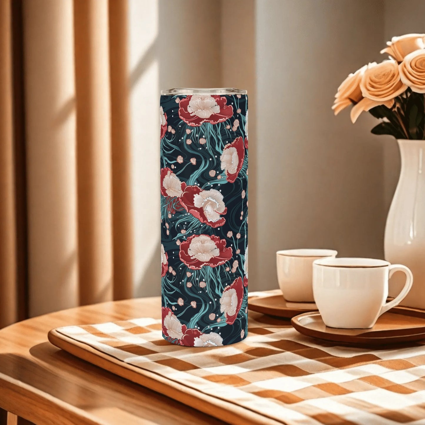 20 oz skinny tumbler with coral jellyfish and ocean currents design
