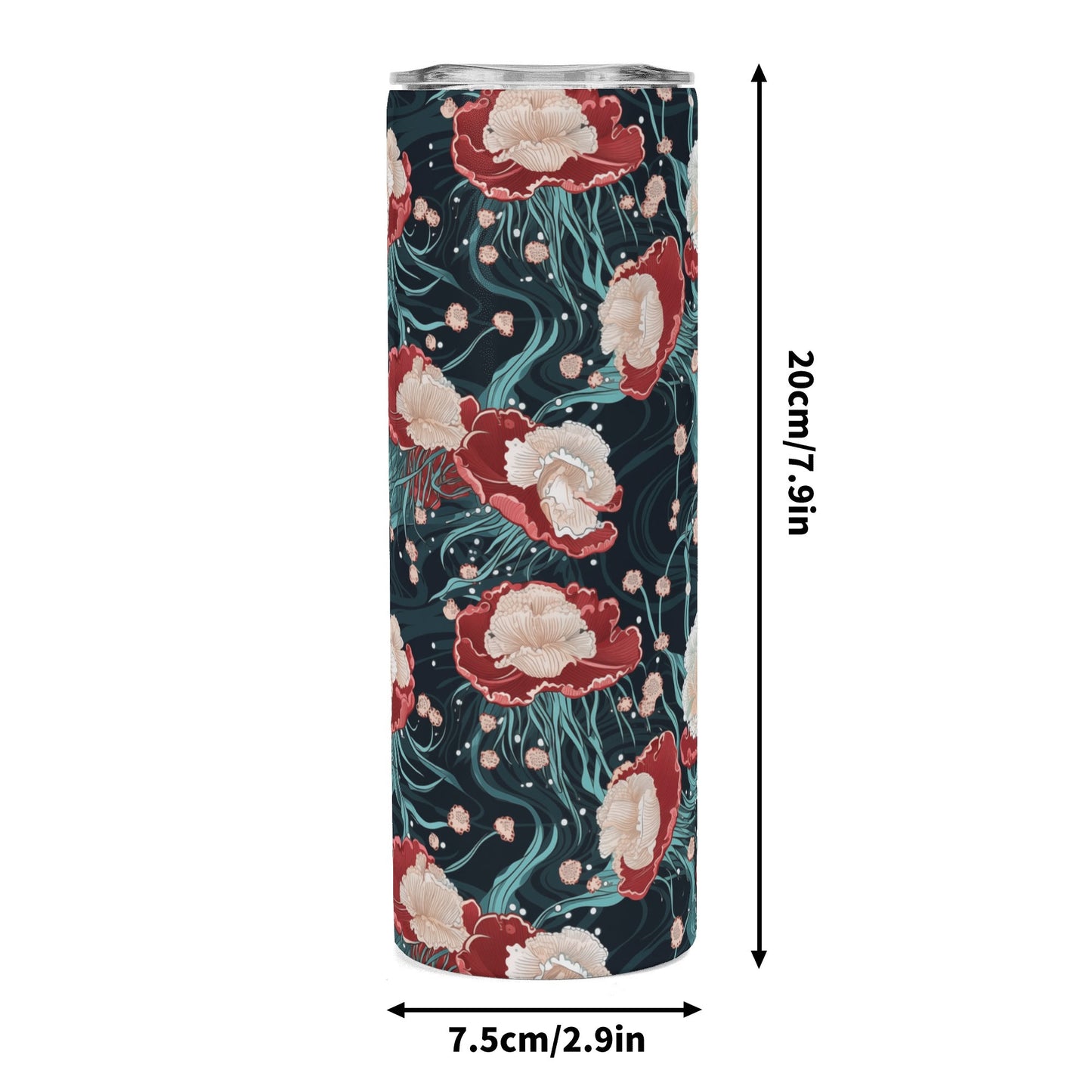 Floral-patterned cylindrical product with dimensions indicated on a white background