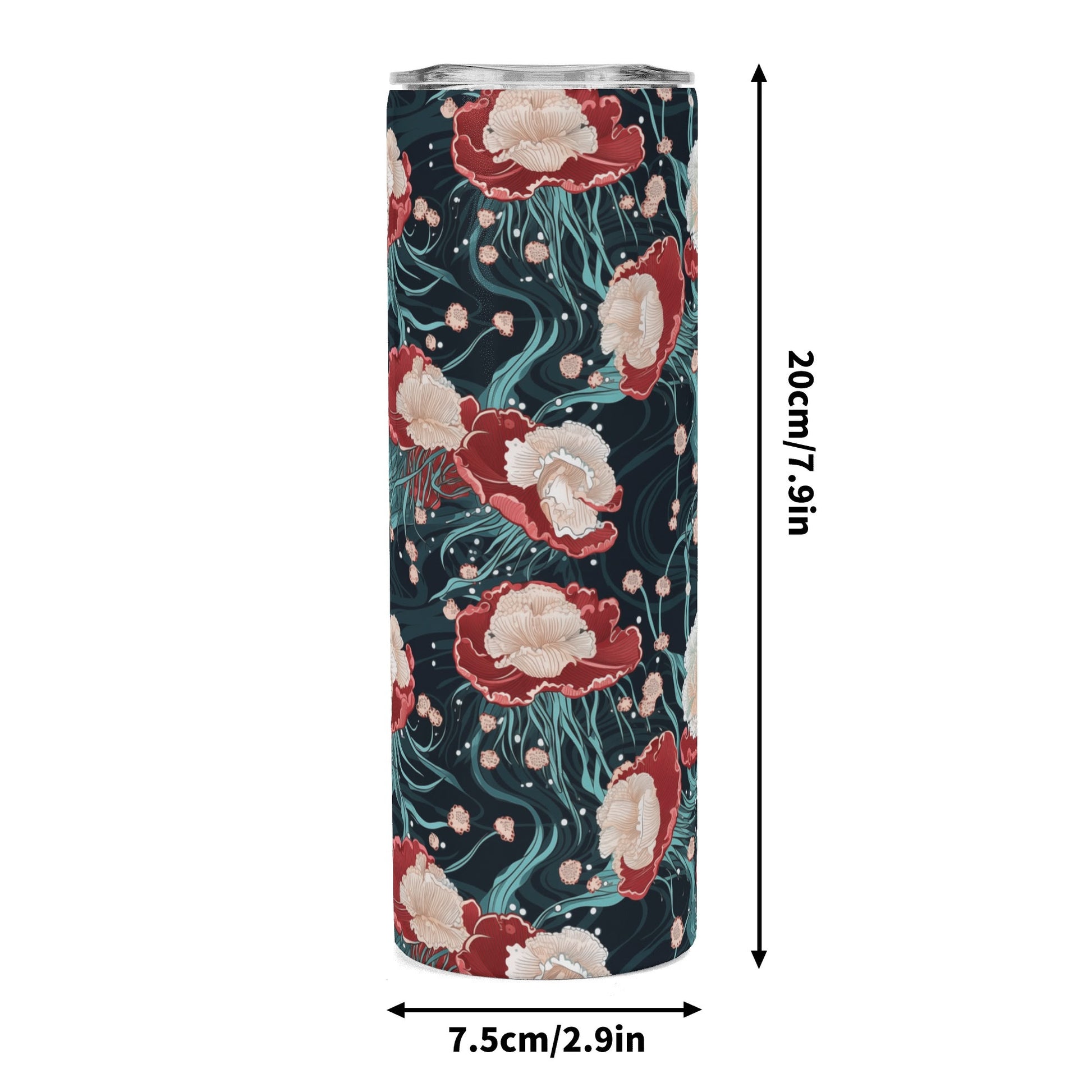 Floral-patterned cylindrical product with dimensions indicated on a white background