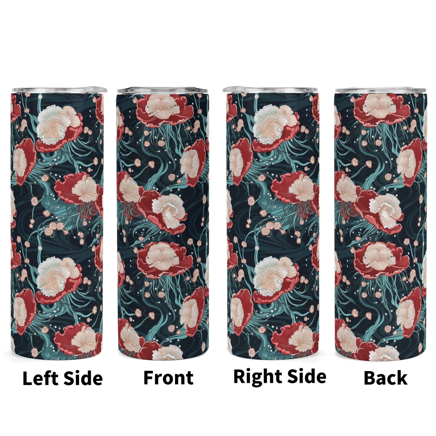 20 oz skinny tumbler with coral jellyfish and ocean currents design