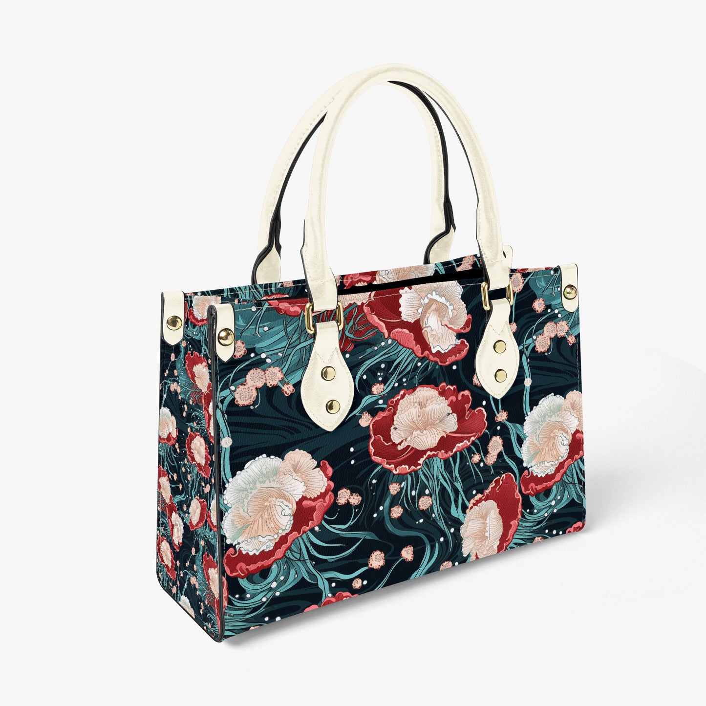 Front view of jellyfish floral handbag with deep navy background and red accents