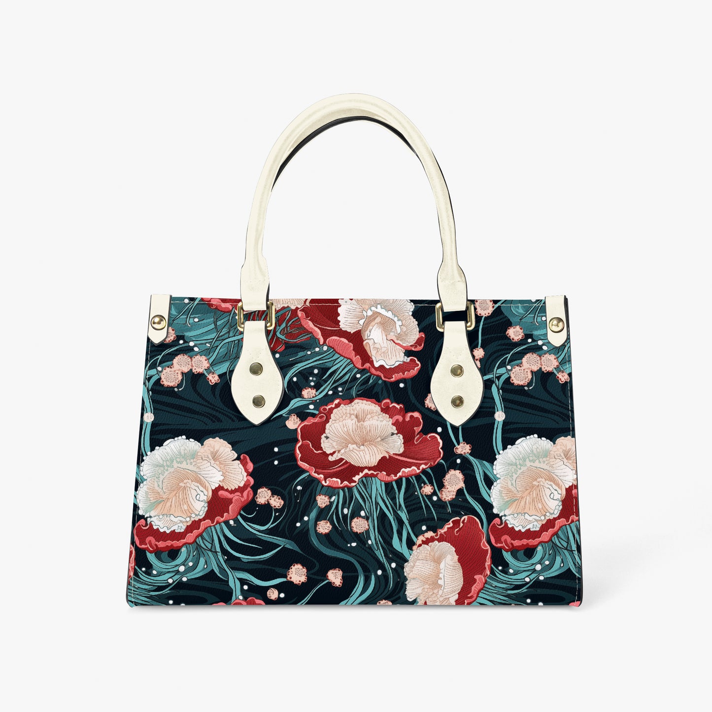 Navy boxy handbag with drifting jellyfish artwork and teal flowing tendrils