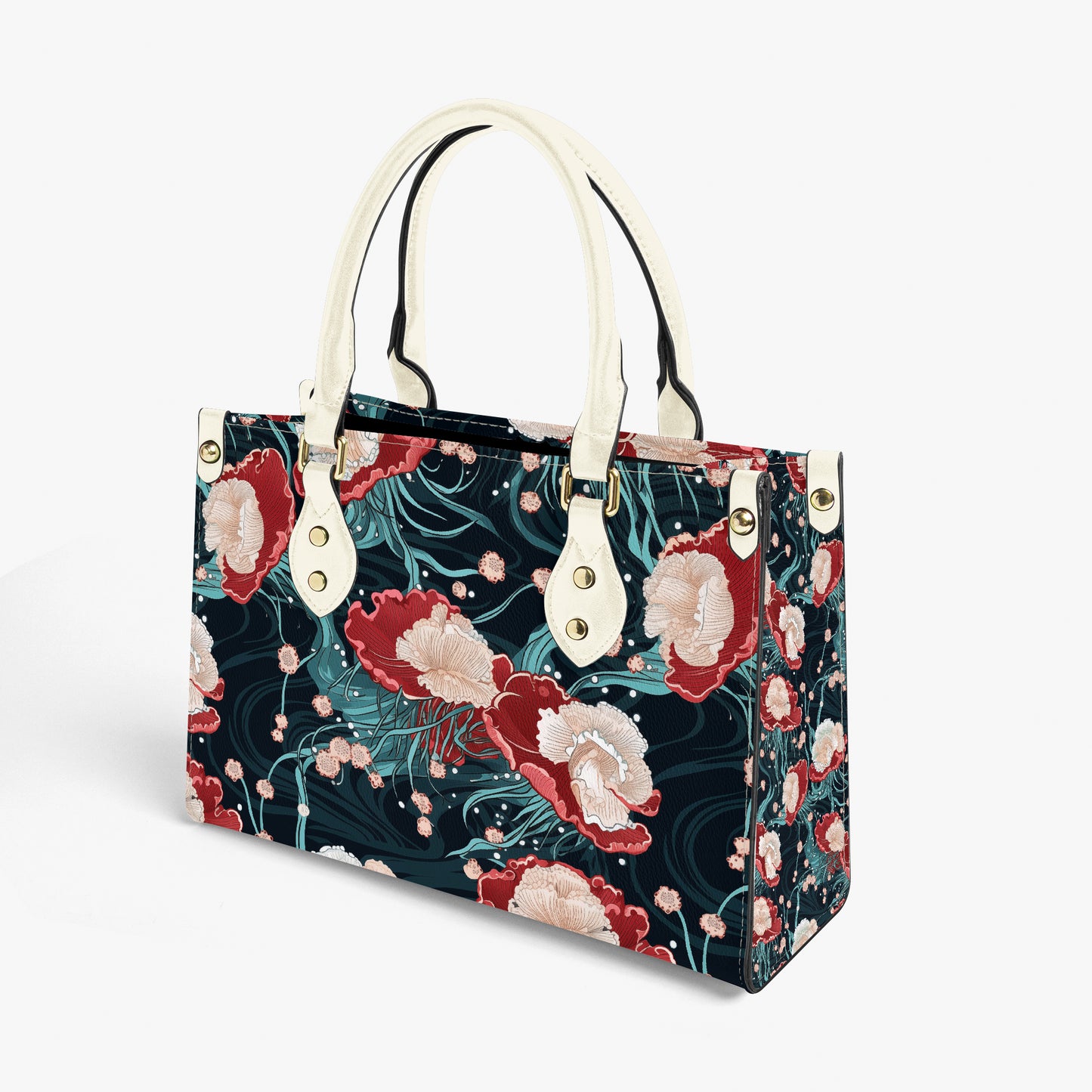 Side angle view of structured jellyfish purse showing rectangular upright shape