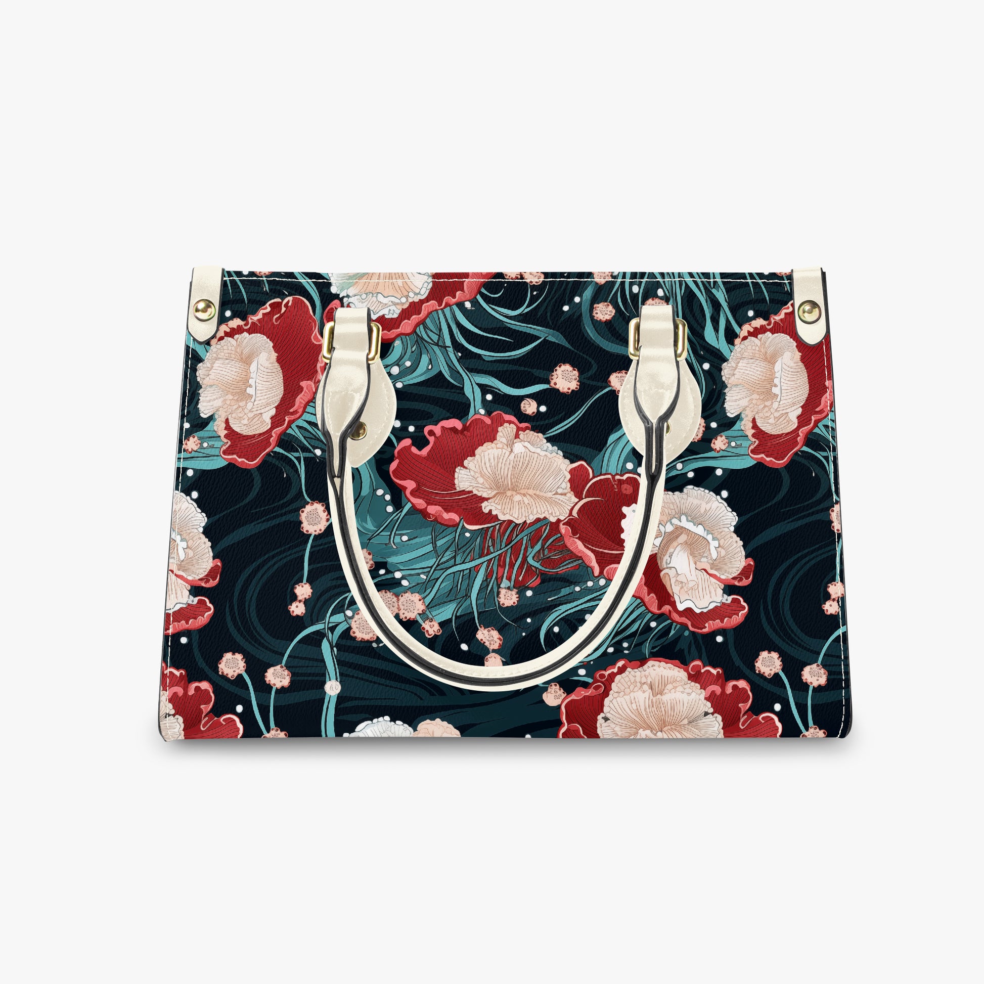 Jellyfish marine art satchel bag with durable white handles and gold-tone hardware
