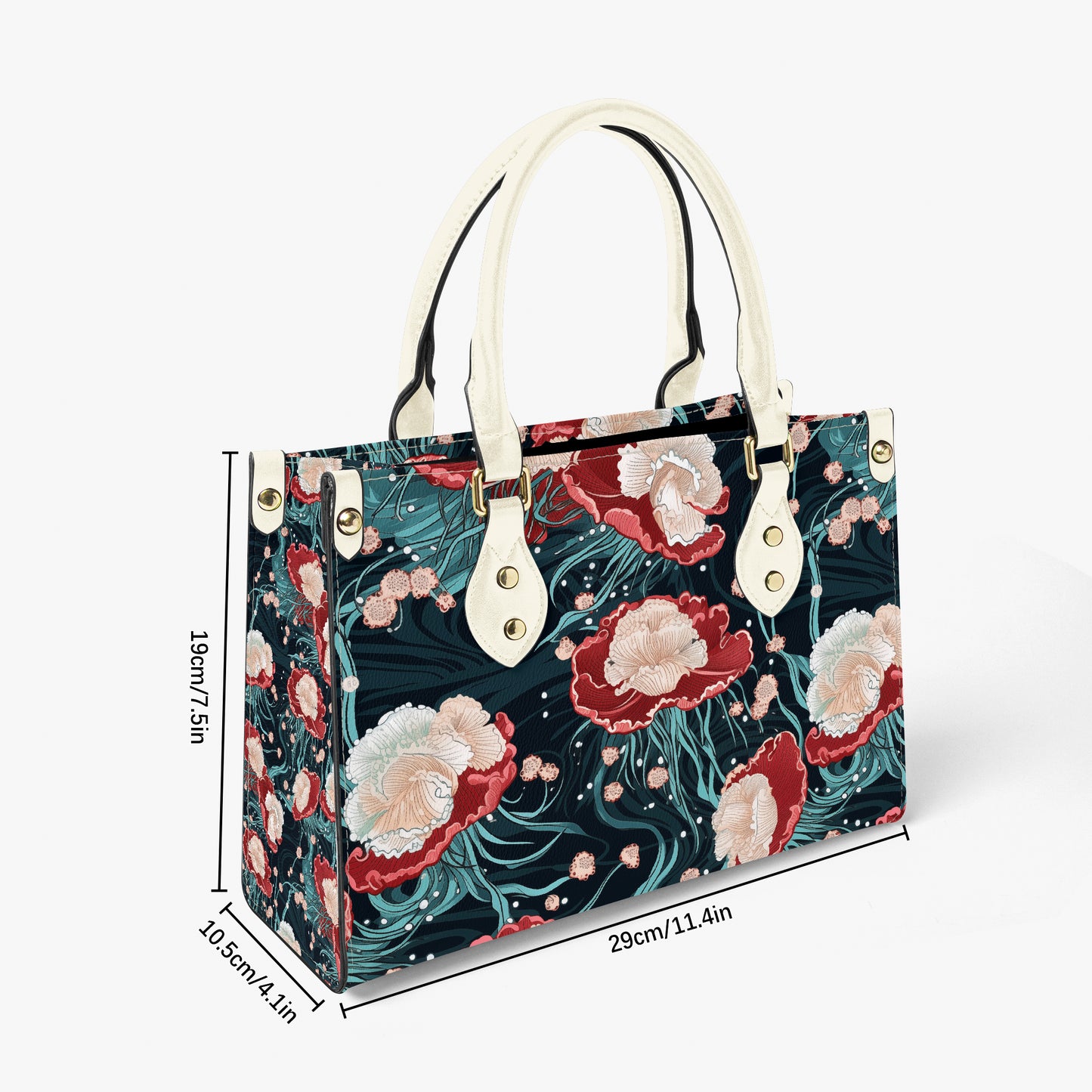 Floral patterned jellyfish handbag with measurements on a white background