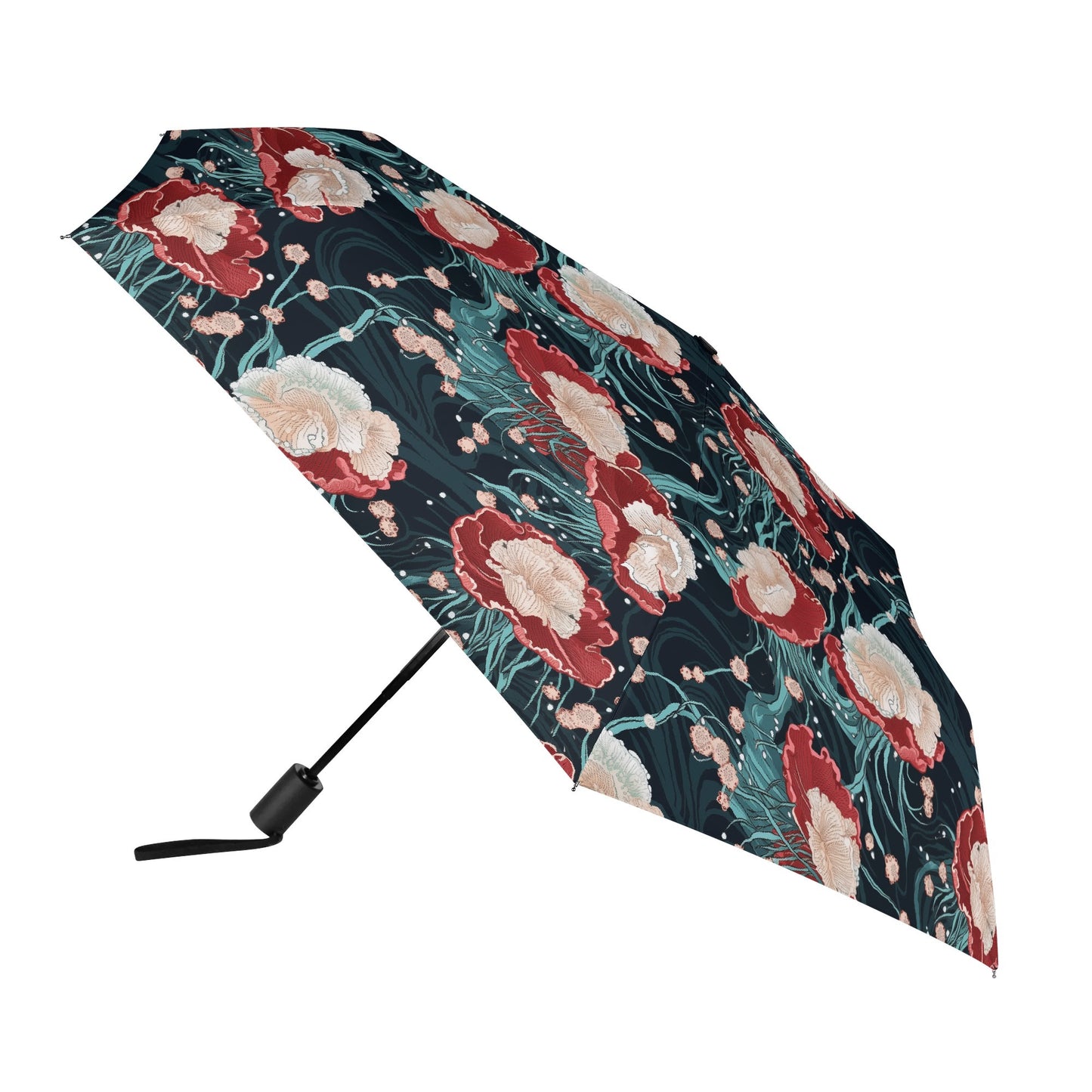 Ocean jellyfish umbrella with coral and teal marine pattern inspired by japanese woodcuts