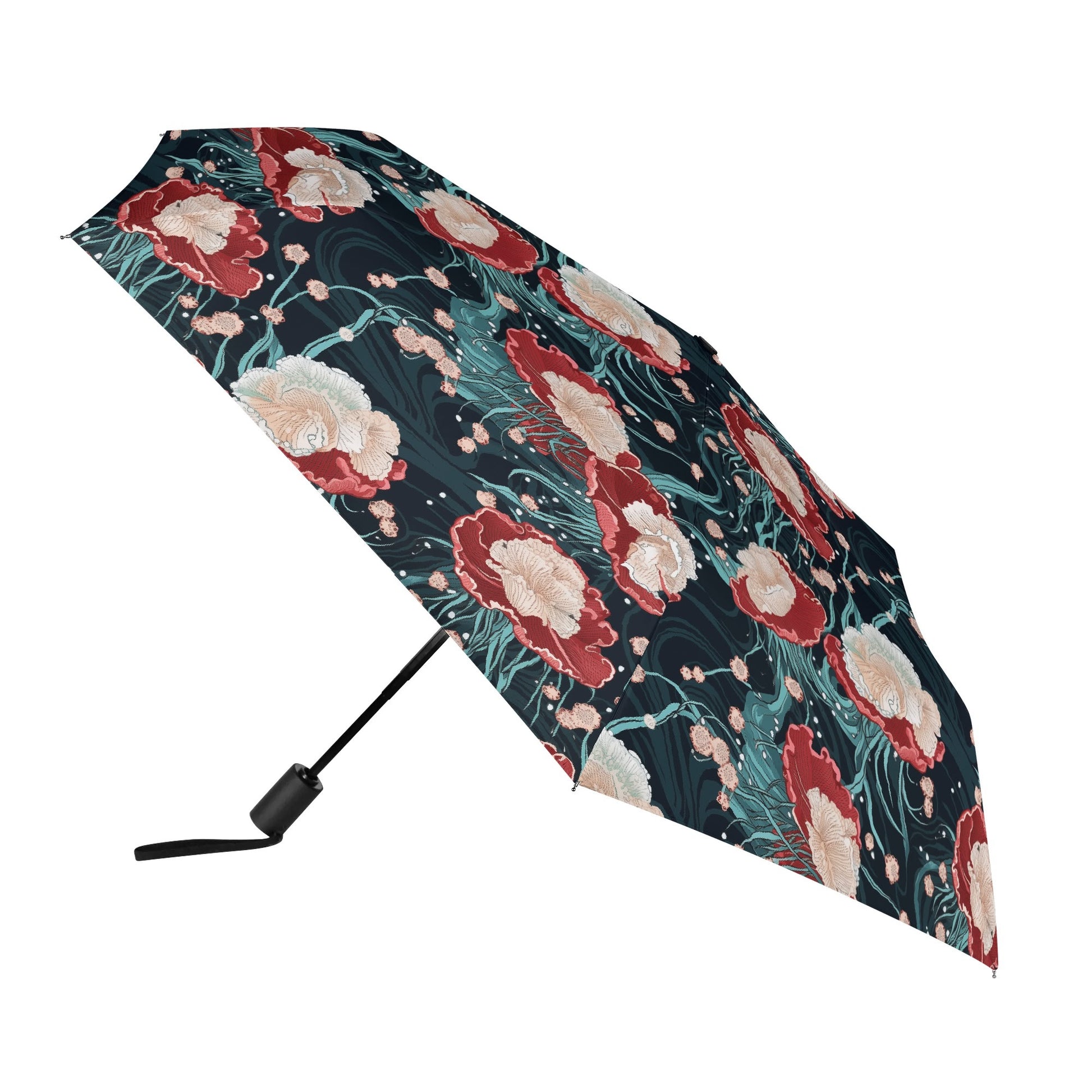 Ocean jellyfish umbrella with coral and teal marine pattern inspired by japanese woodcuts
