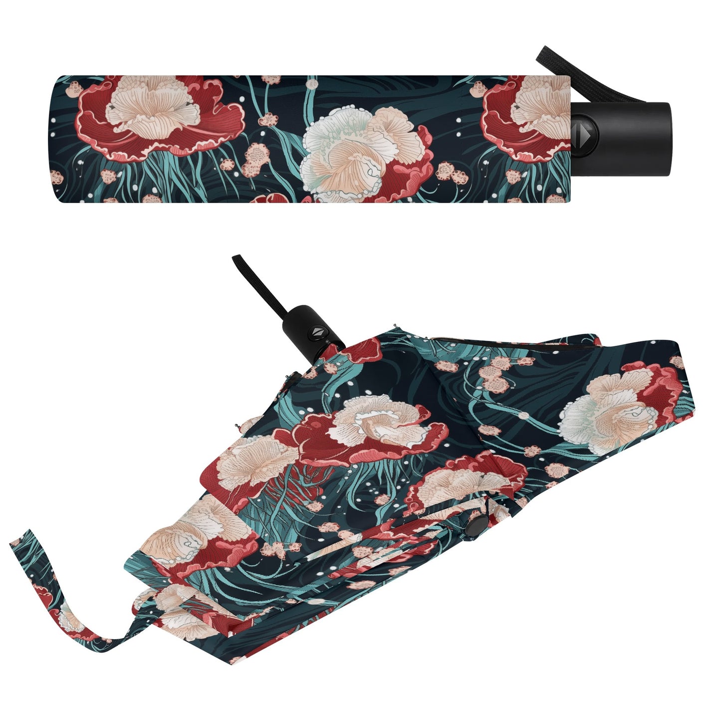 Compact folding jellyfish umbrella with ocean artwork and a matching cover