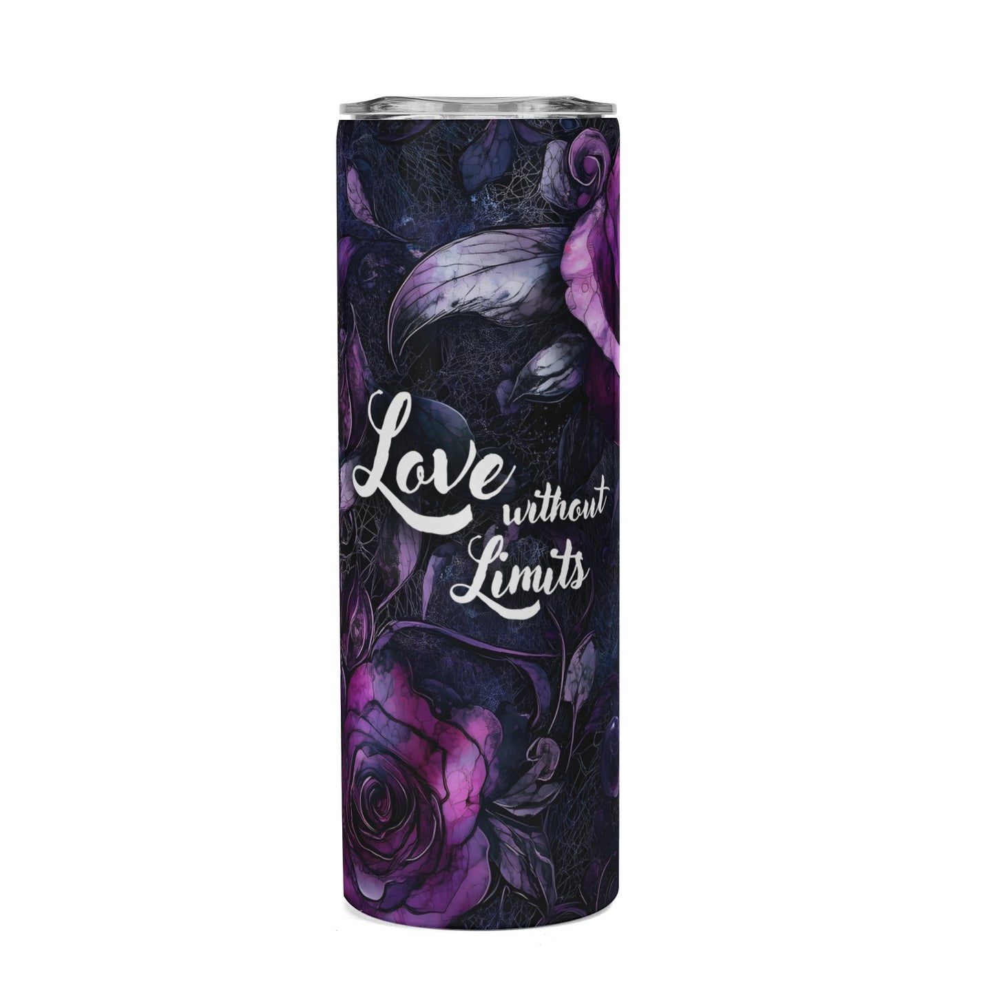 Love Without Limits purple rose skinny tumbler with white script text on a dark floral background