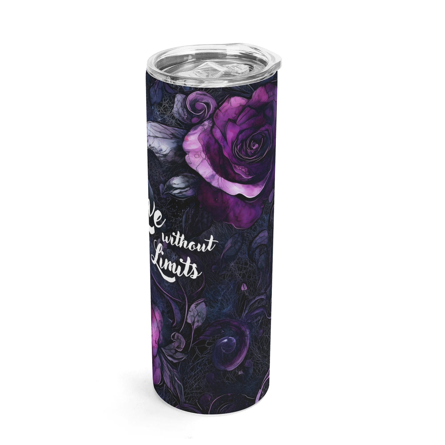 Tumbler with purple roses and 'Love without Limits' text on a white background
