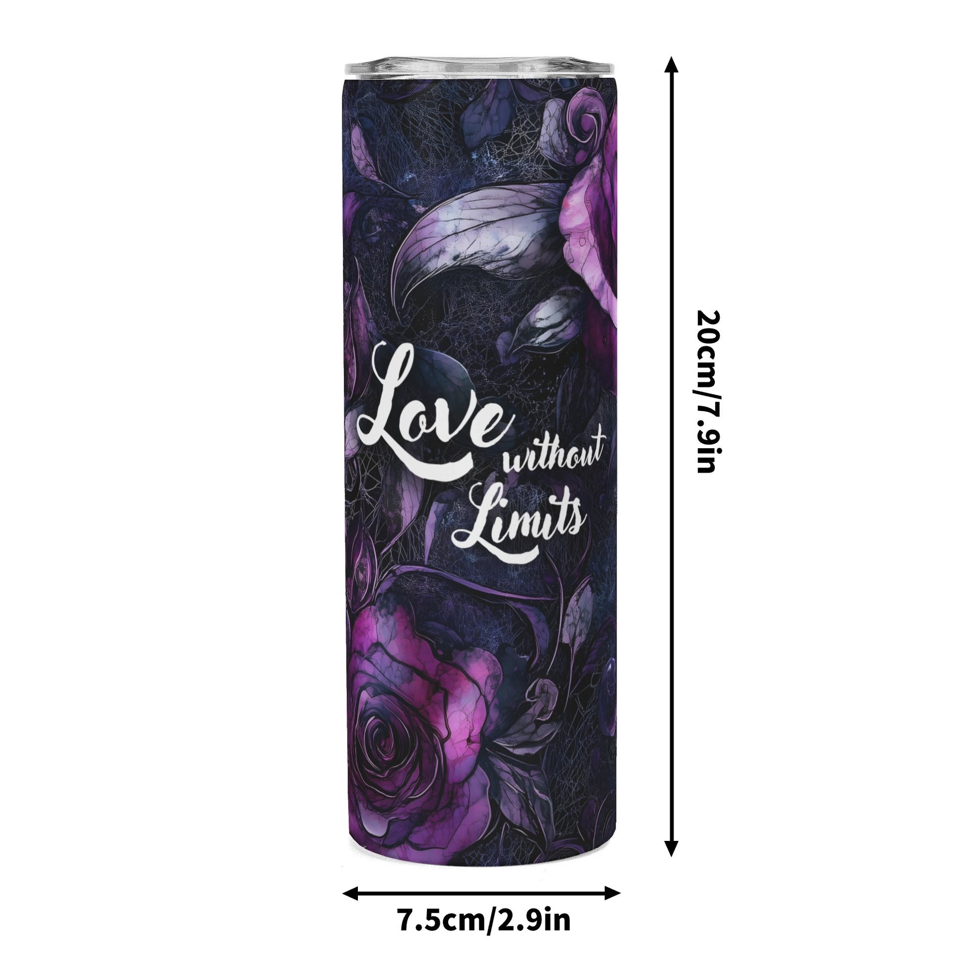 Tumbler with purple roses and 'Love without Limits' text, dimensions displayed
