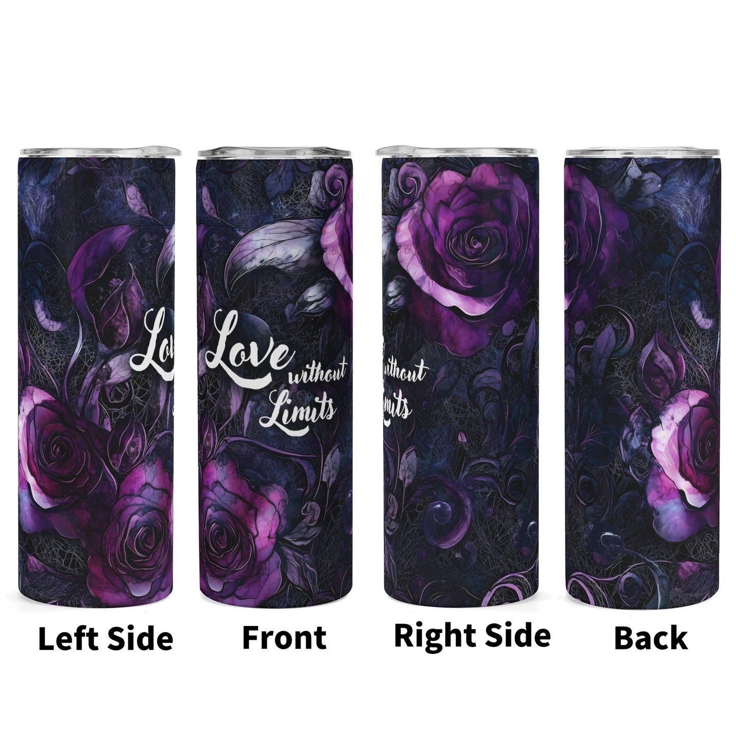 Tumbler with purple roses and 'Love without Limits' text on a white background