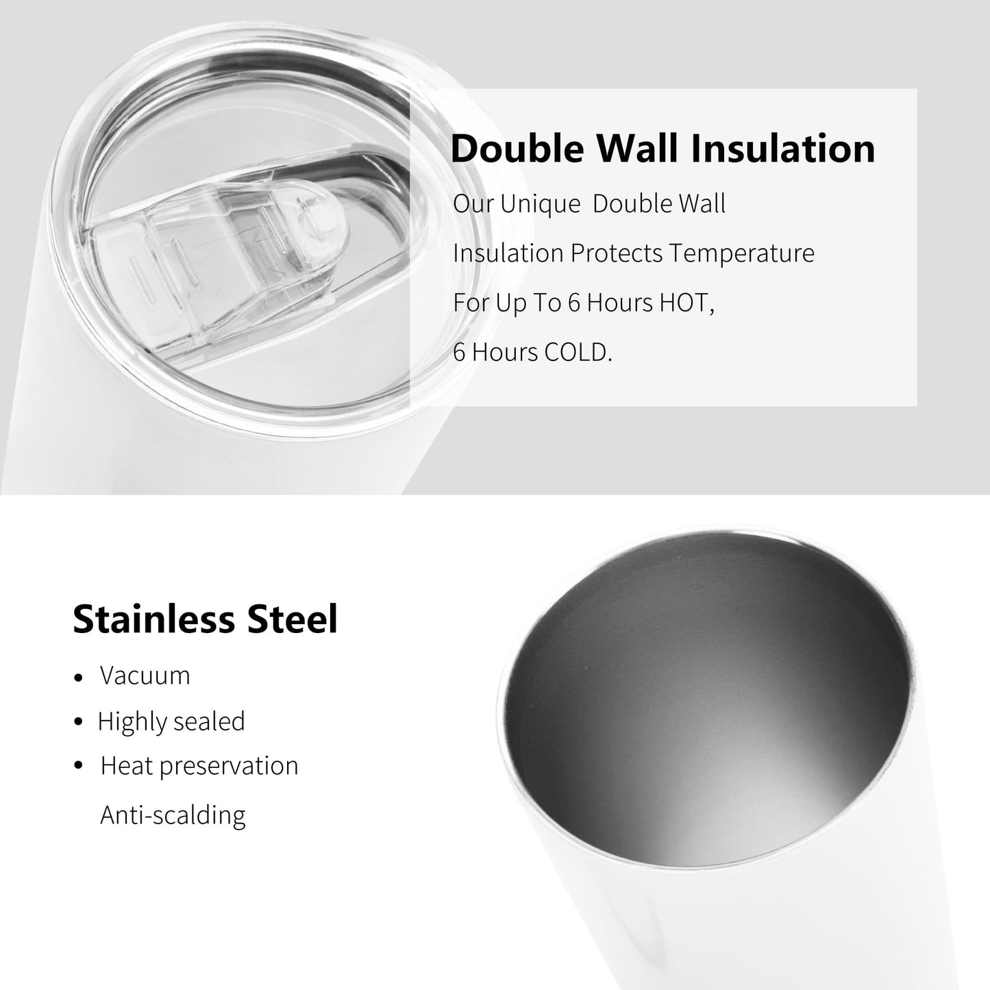 Stainless steel tumbler with double wall insulation features on a white background