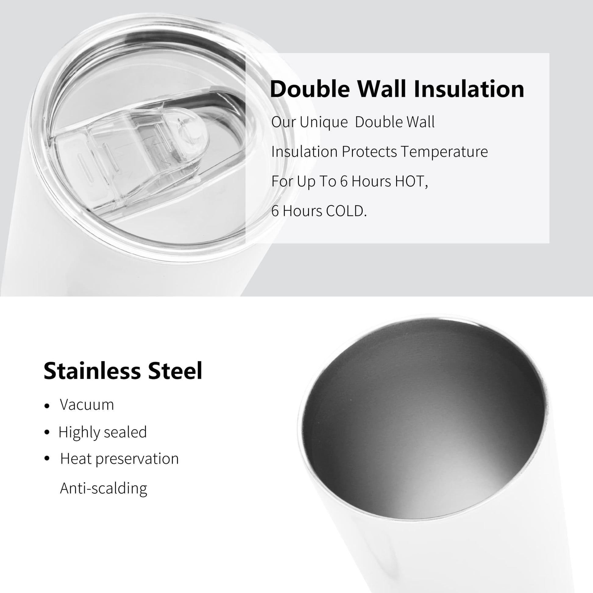 Stainless steel tumbler with double wall insulation features on a white background