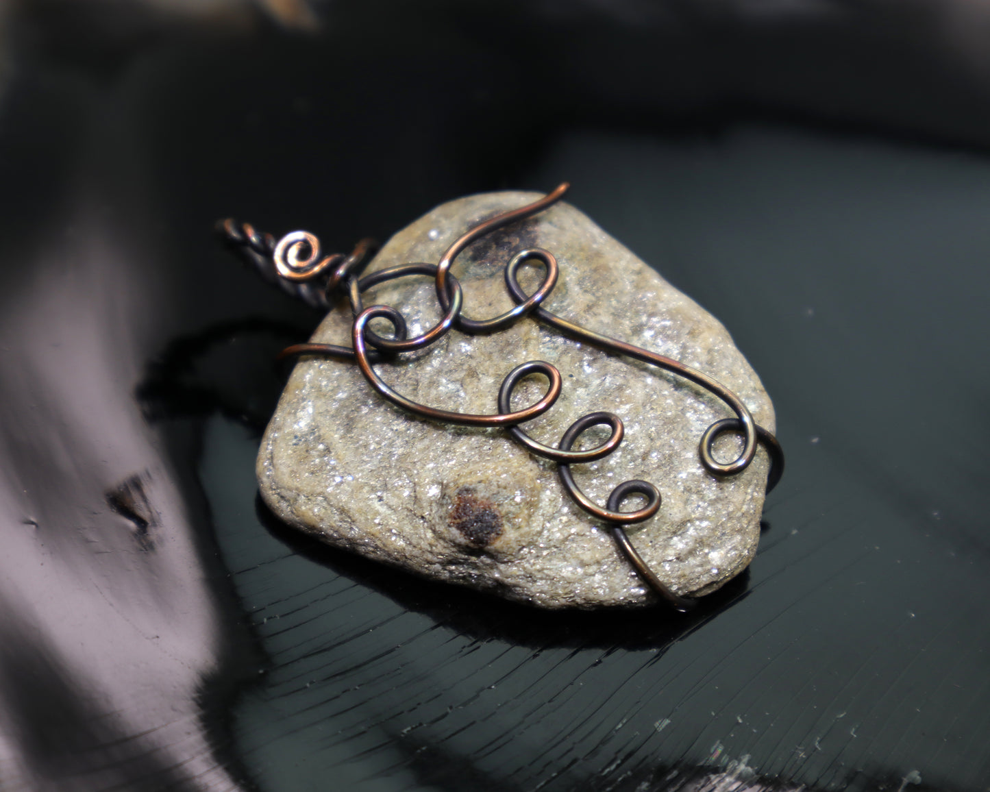 Mica Schist & Garnet Pendant Necklace, Wire Wrapped Metamorphic Rock