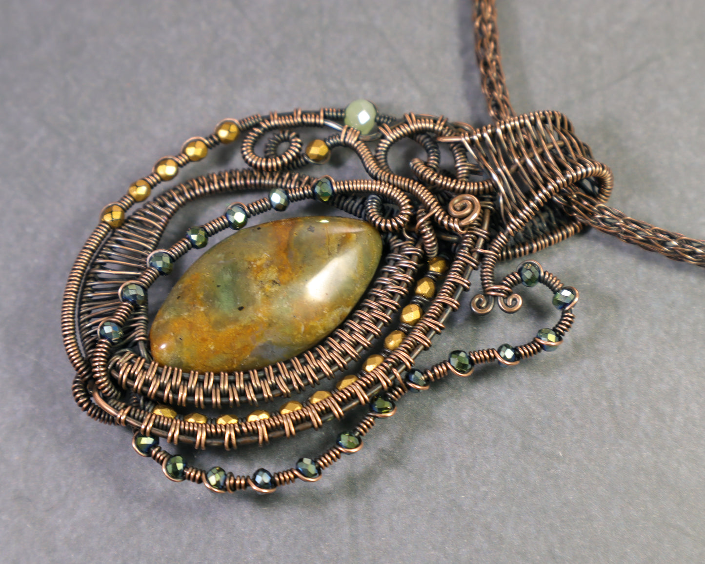Handmade copper guitar pendant with Czech crystal beads