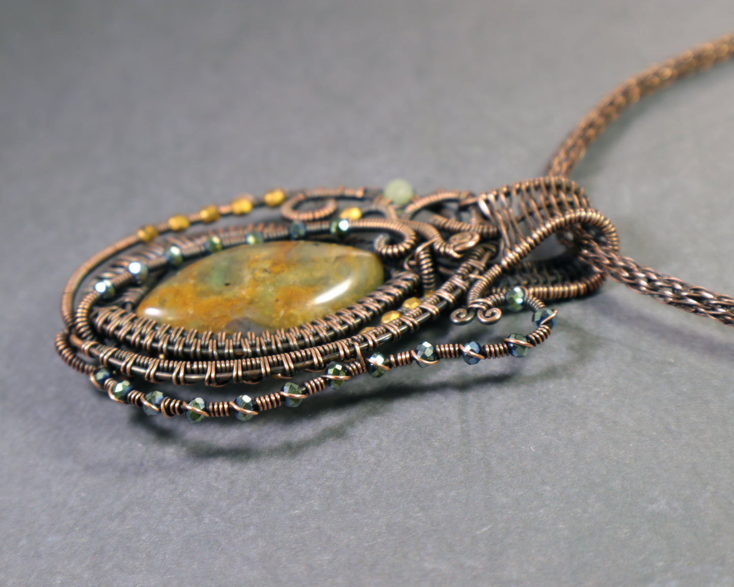 One of a kind moss agate statement pendant with crystal accents