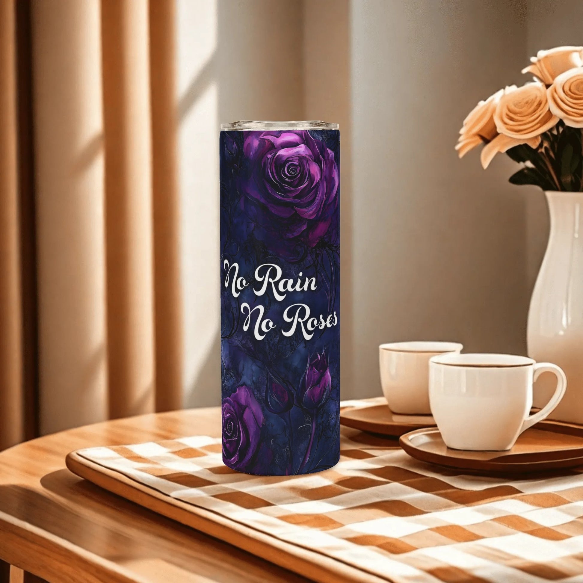 Dark floral 20 oz skinny tumbler featuring purple rose and swirling vines