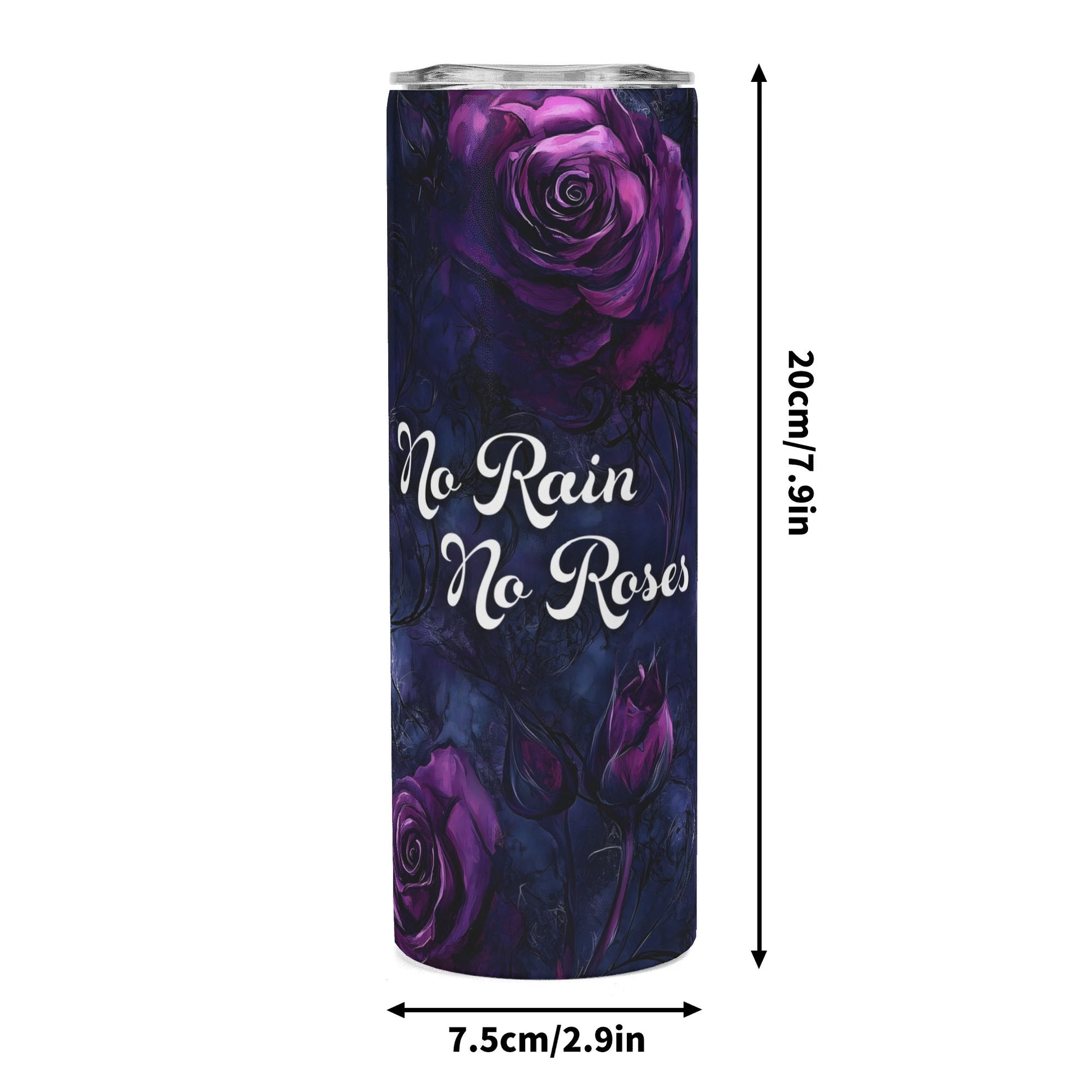 Dark floral 20 oz skinny tumbler featuring purple roses on a dark blue background