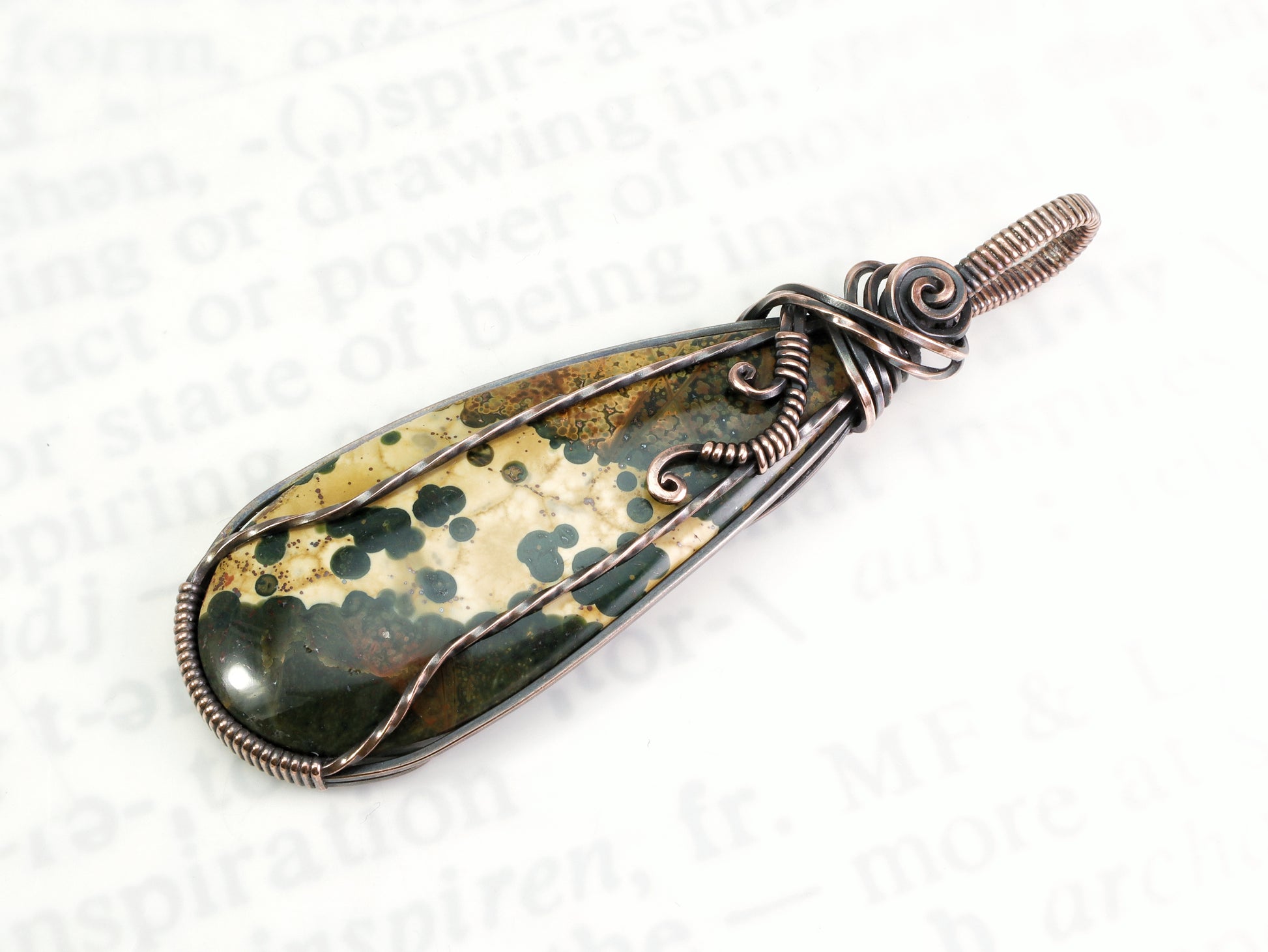 One of a kind Ocean Jasper cabochon wrapped in pure copper