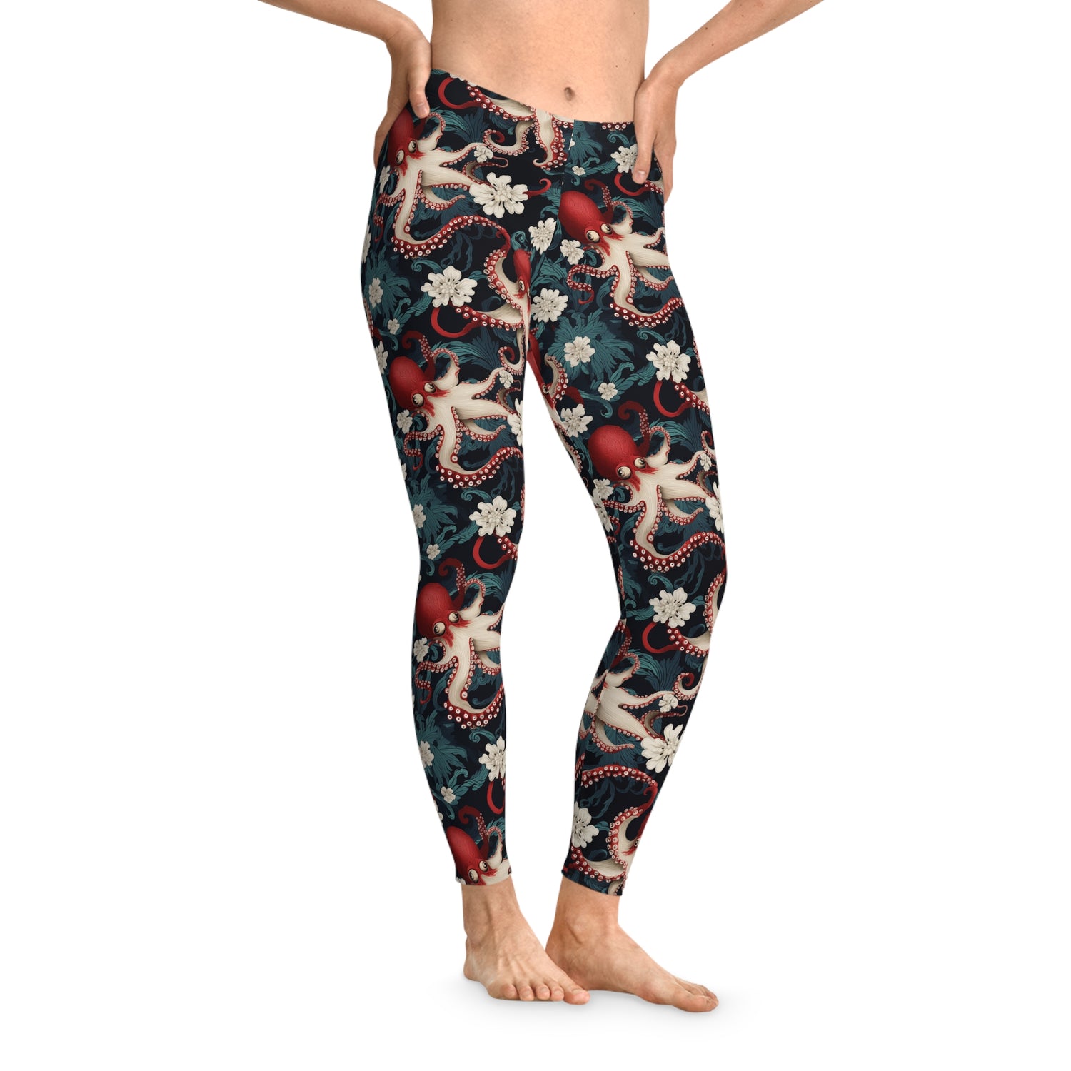 Front view of octopus leggings with an Ukiyo-e-inspired floral sea life print. Great for yoga, workouts, or casual wear.