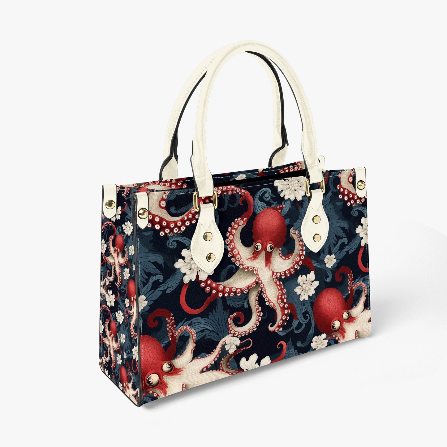 Octopus floral structured handbag in vegan PU leather with white handles