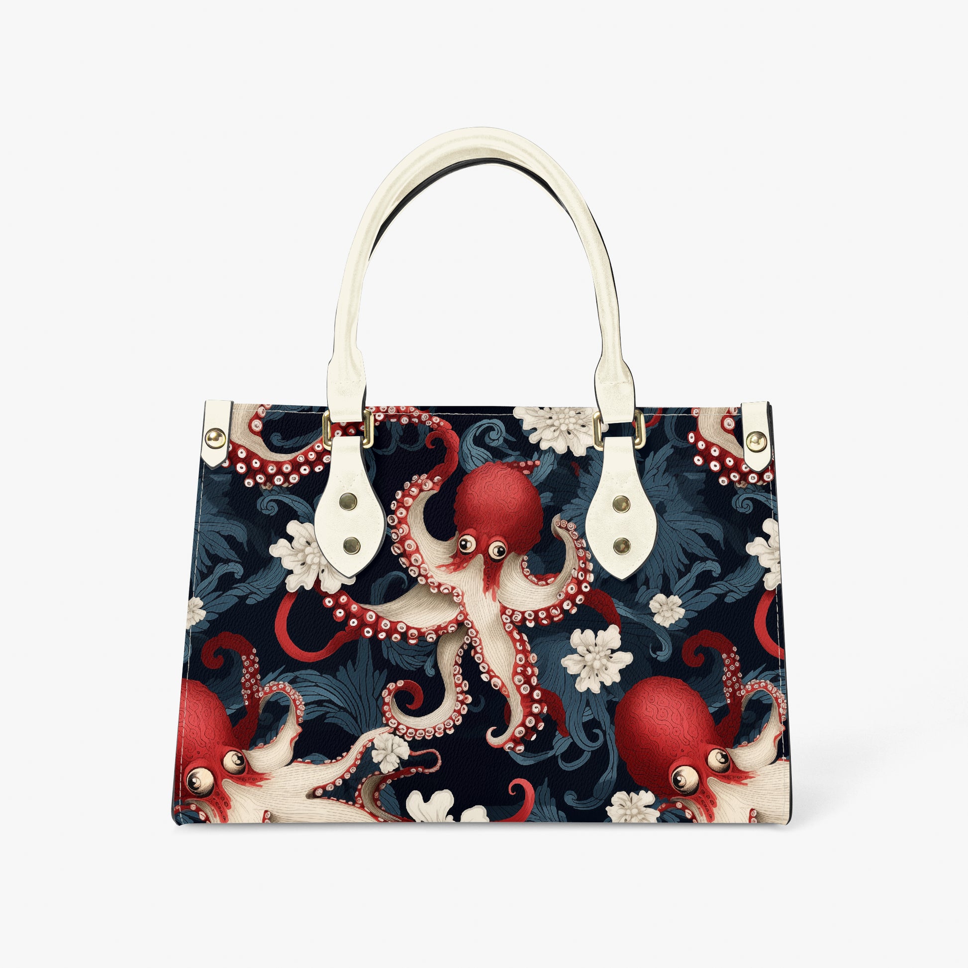 Handbag with octopus and floral pattern on a white background