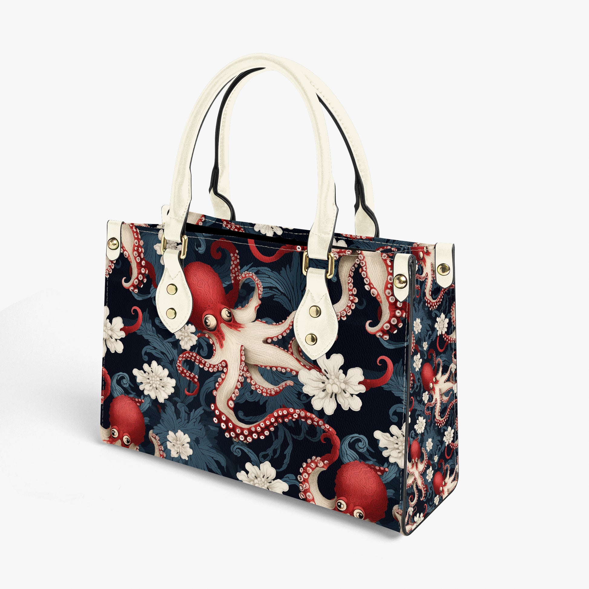 Side view of structured octopus purse showing 29cm length and 19cm height