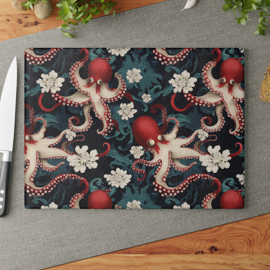 Ocean-themed cutting board with red octopus and elegant details.