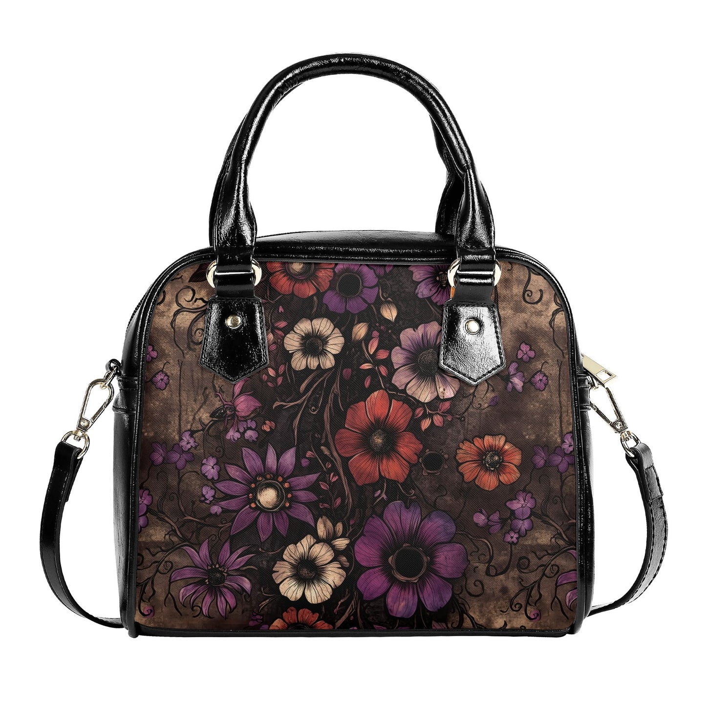 A floral patterned handbag with dark purple, brown, and orange colors, featuring a zipper closure and a detachable shoulder strap.