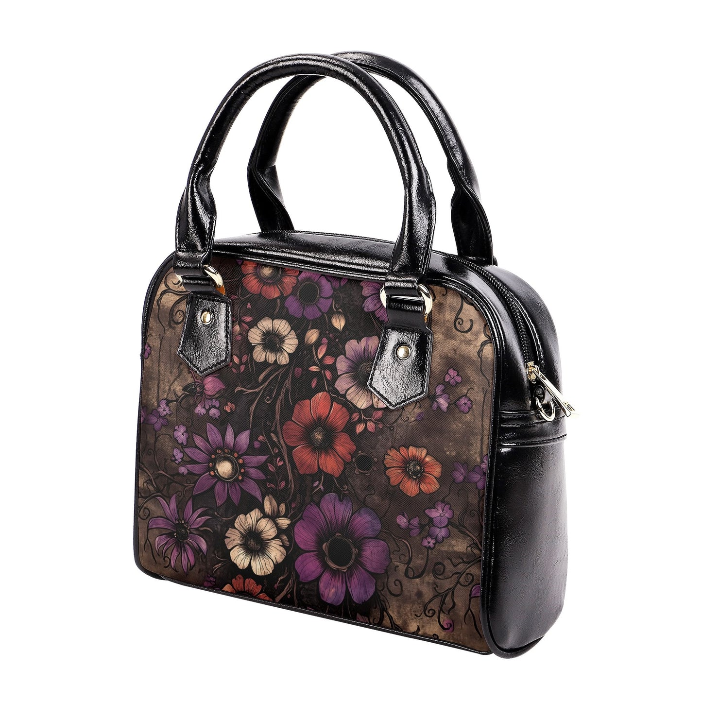 Vintage Gothic Floral Handbag - Dark Purple, Brown, Orange Boho PU Leather Crossbody Purse