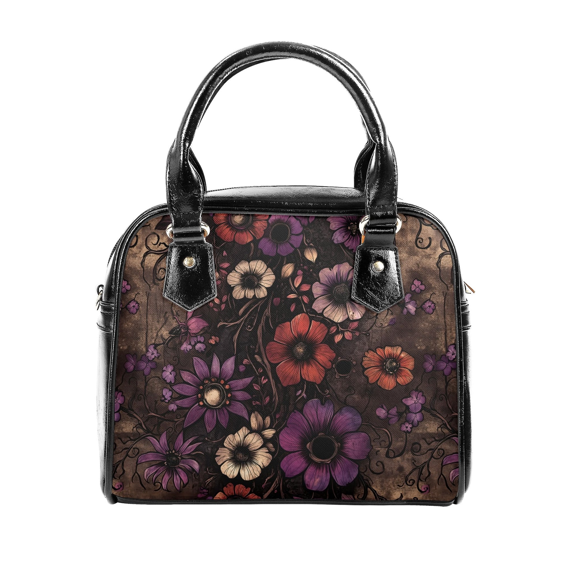 A floral patterned handbag with dark purple, brown, and orange colors, featuring a zipper closure and a detachable shoulder strap.
