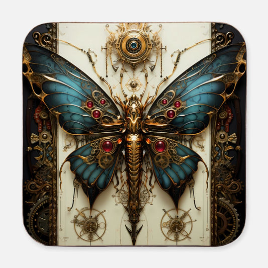 An ornate steampunk butterfly with turquoise wings, brass gears, and vibrant red jewel accents, featured on a hardboard coaster. A vintage aesthetic with intricate mechanical parts surrounding the design.