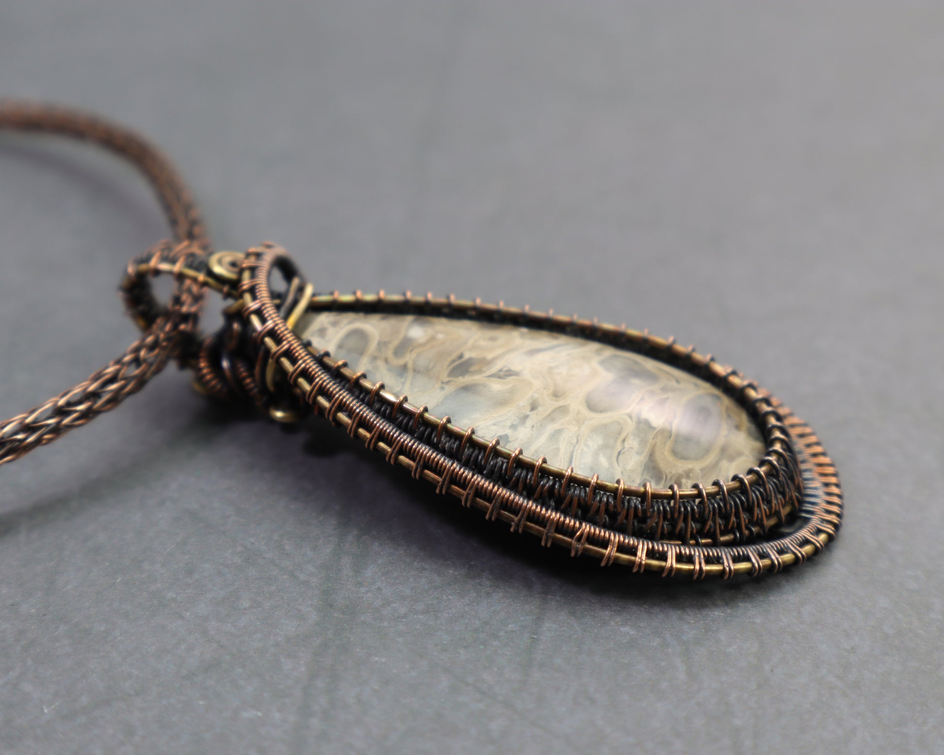 OOAK petrified palmwood fossil pendant with brass and antiqued copper wire