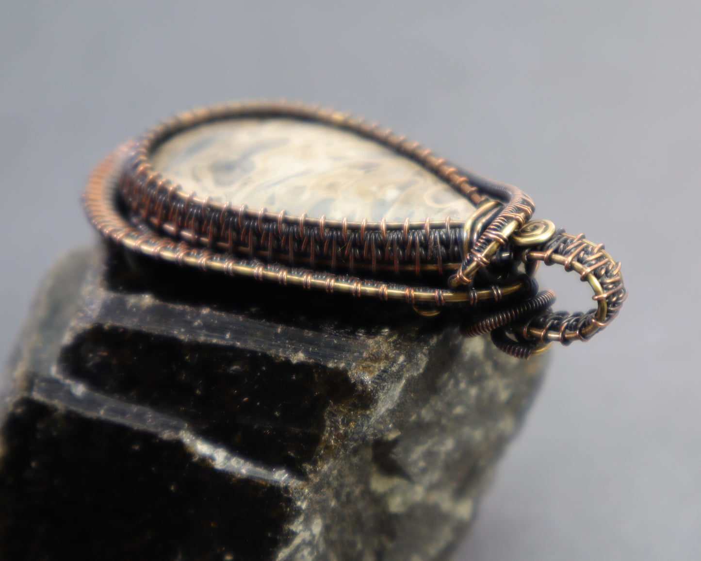 Natural petrified palmwood cabochon wrapped in copper and brass wire