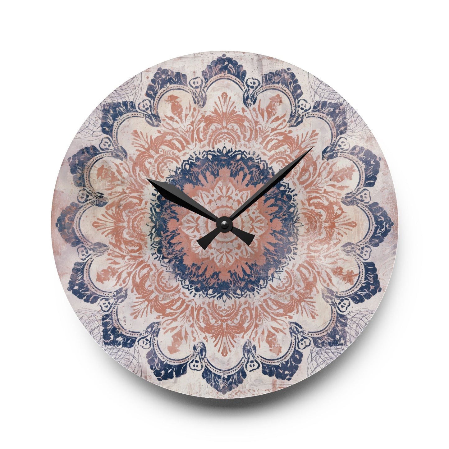 Round boho mandala acrylic wall clock with faded rose pink and navy blue floral design