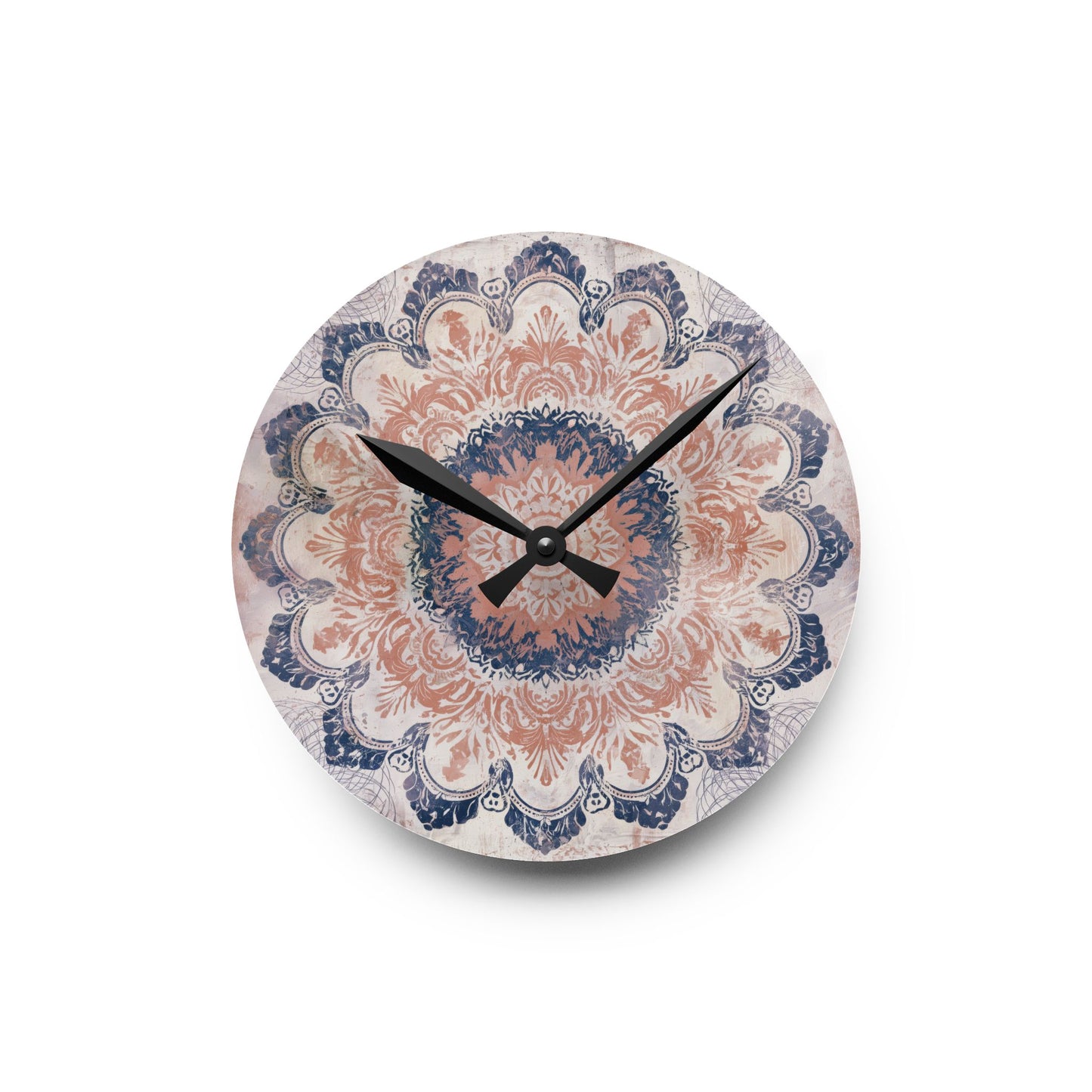 Small round boho mandala acrylic wall clock with vintage rose pink and navy blue artwork