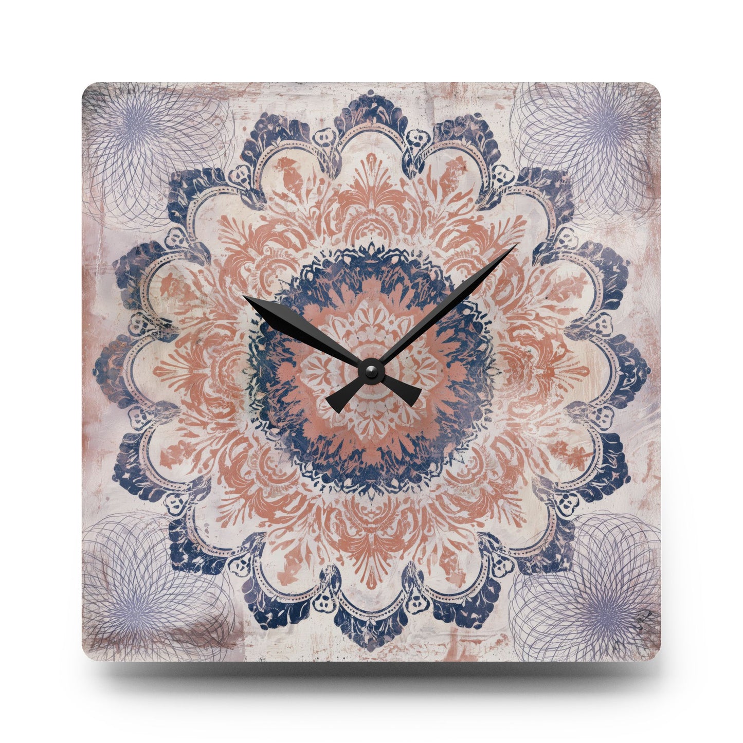 Boho mandala acrylic wall clock with distressed rose pink and navy blue artwork on square acrylic face