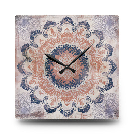 Boho mandala acrylic wall clock with distressed rose pink and navy blue artwork on square acrylic face