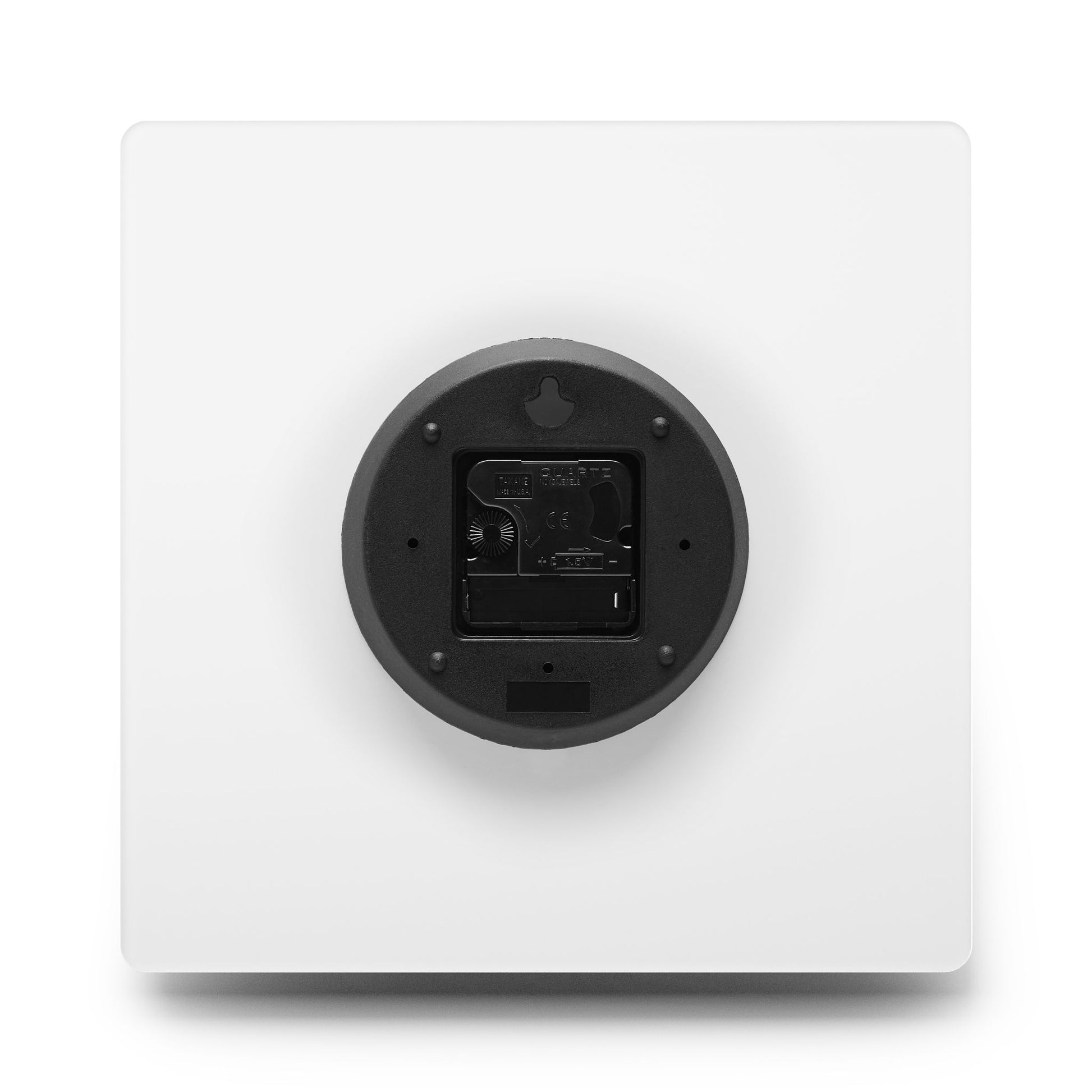Back view of square acrylic wall clock showing hanging slot and clock mechanism