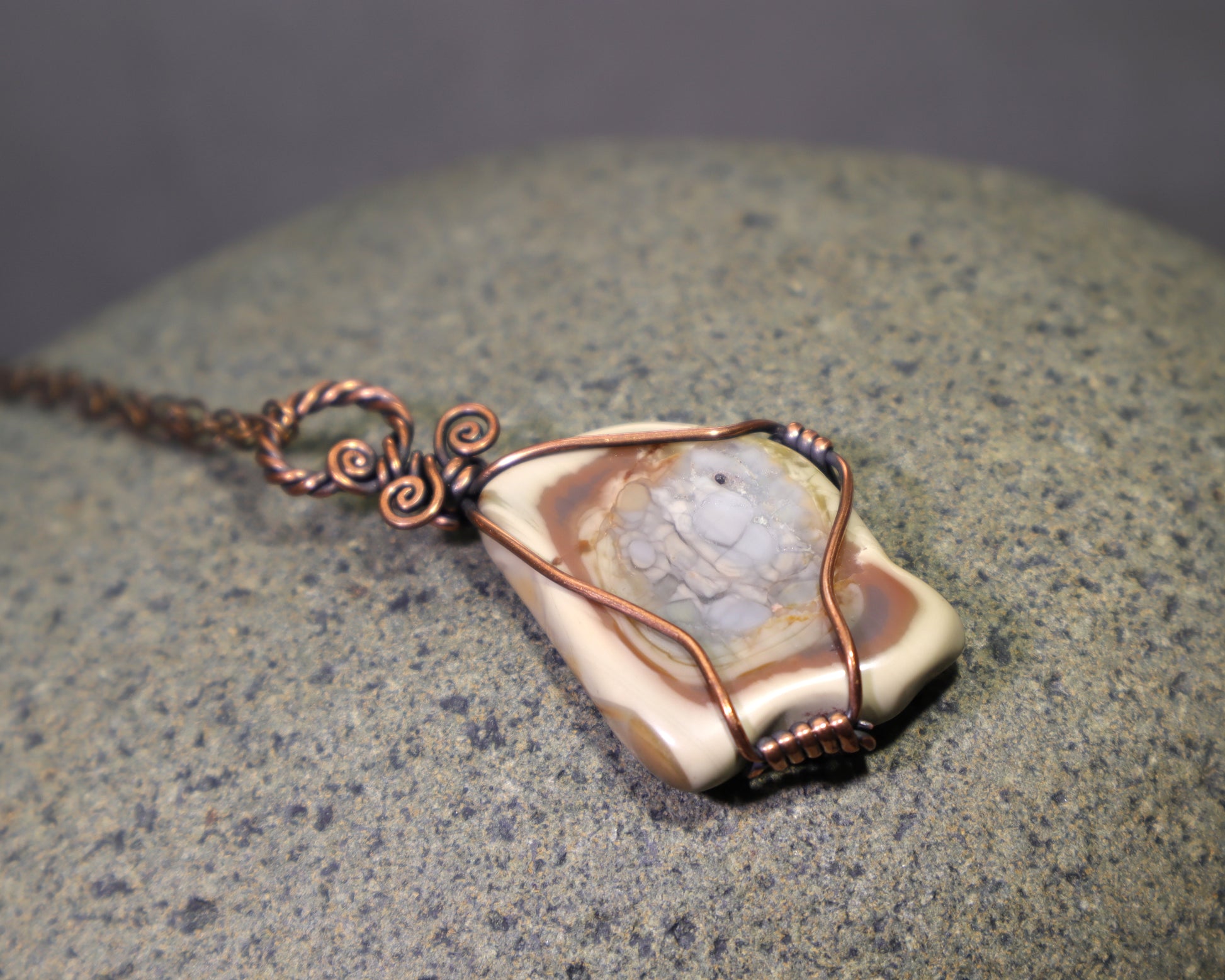 Natural Polychrome Jasper gemstone necklace featuring cream, tan, gray, and brown landscape patterns