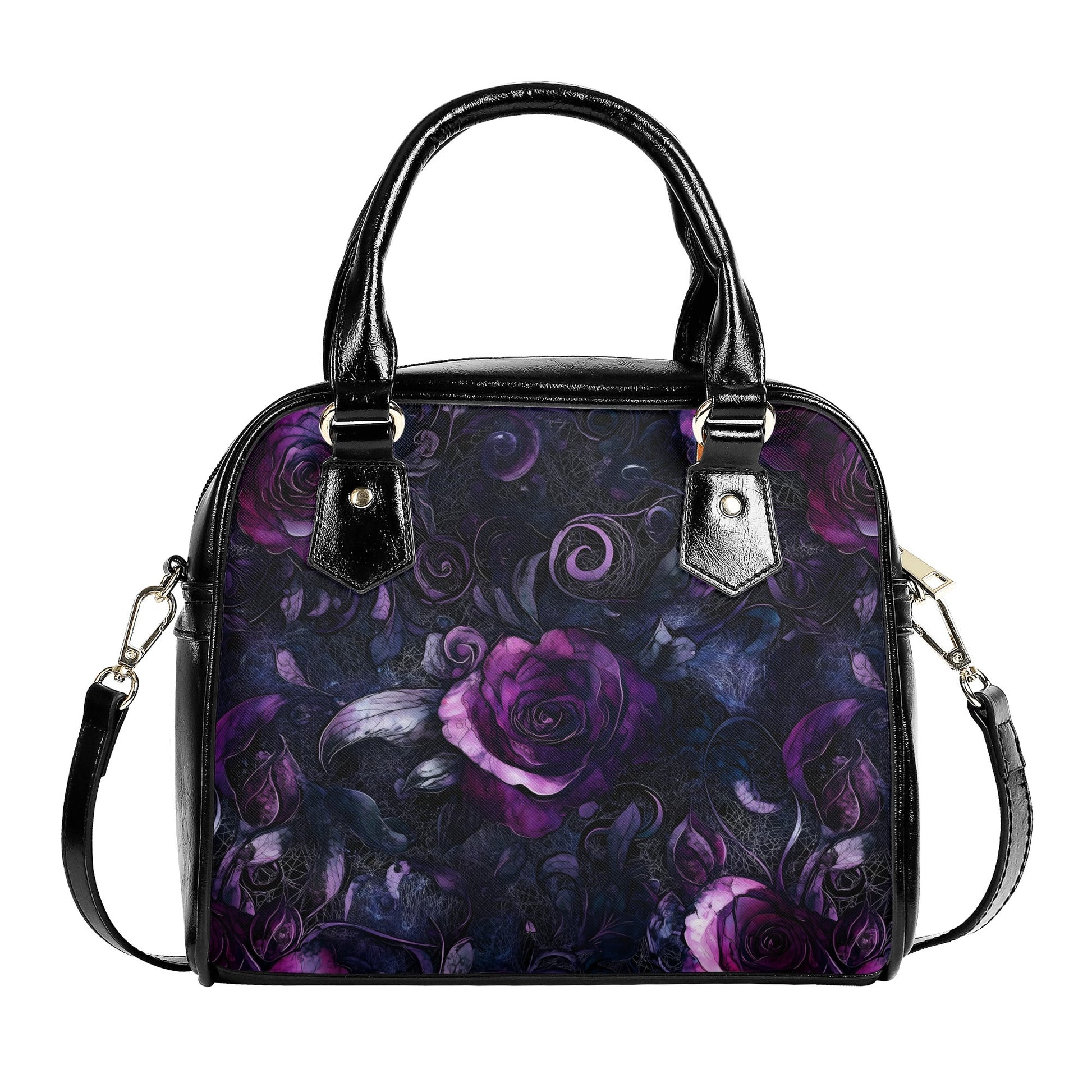 A handbag with a gothic purple floral design, featuring a pattern of deep purple roses and intricate web-like details, with black leather handles and a detachable shoulder strap.