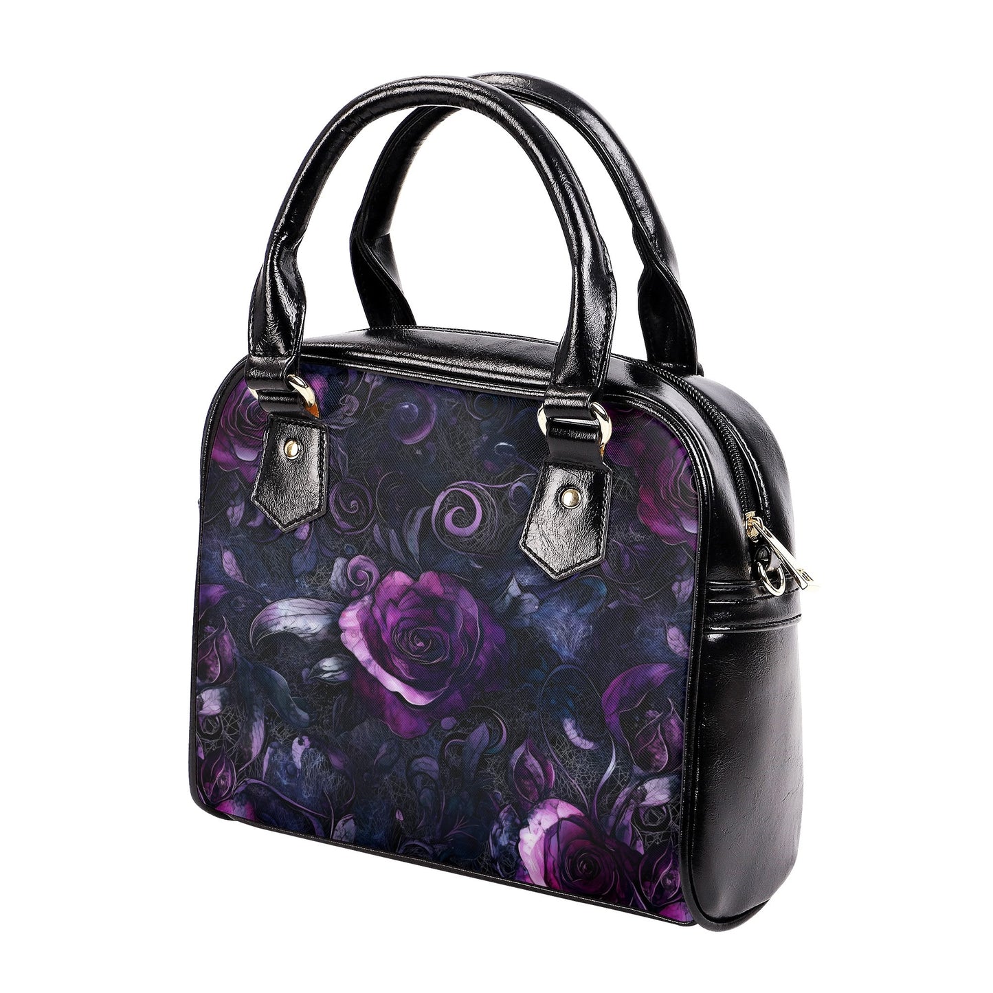 gothic purple rose floral print on black pu leather handbag