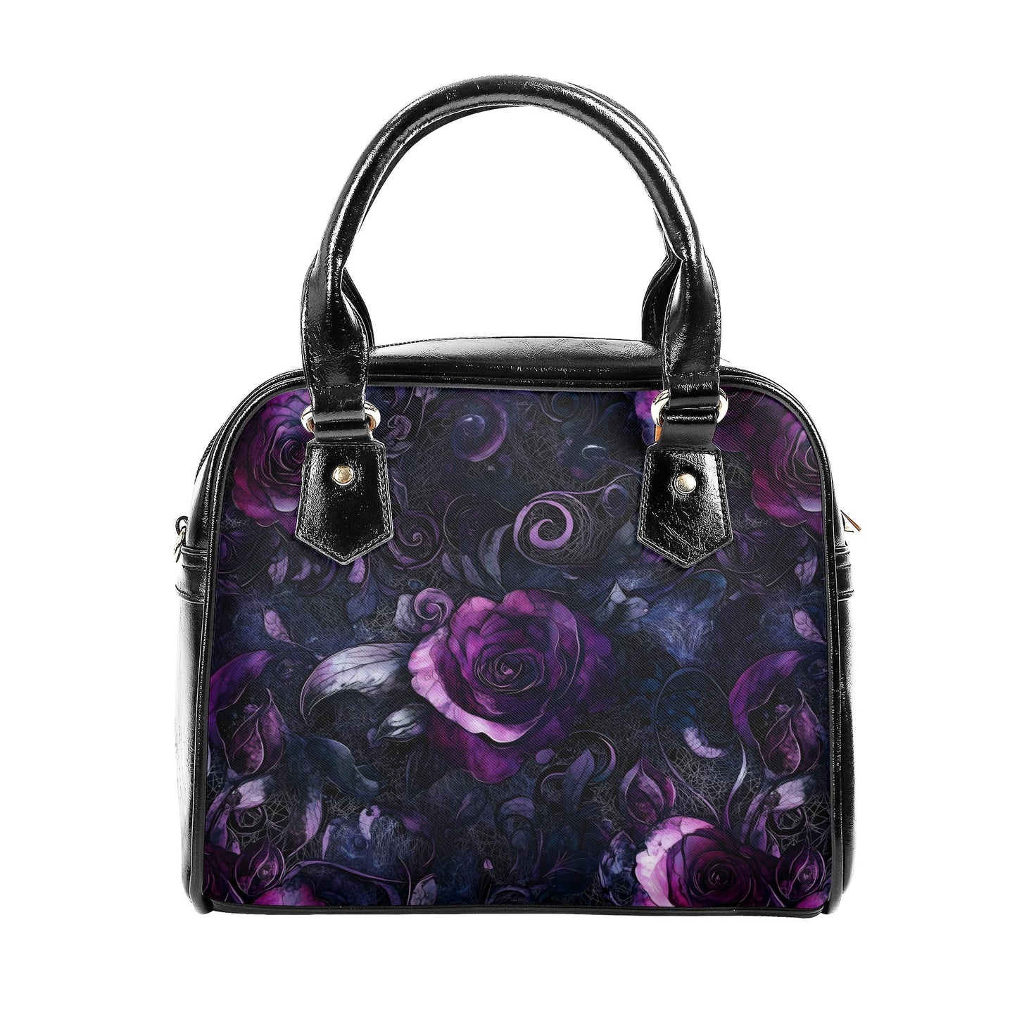 A handbag with a gothic purple floral design, featuring a pattern of deep purple roses and intricate web-like details, with black leather handles and a detachable shoulder strap.