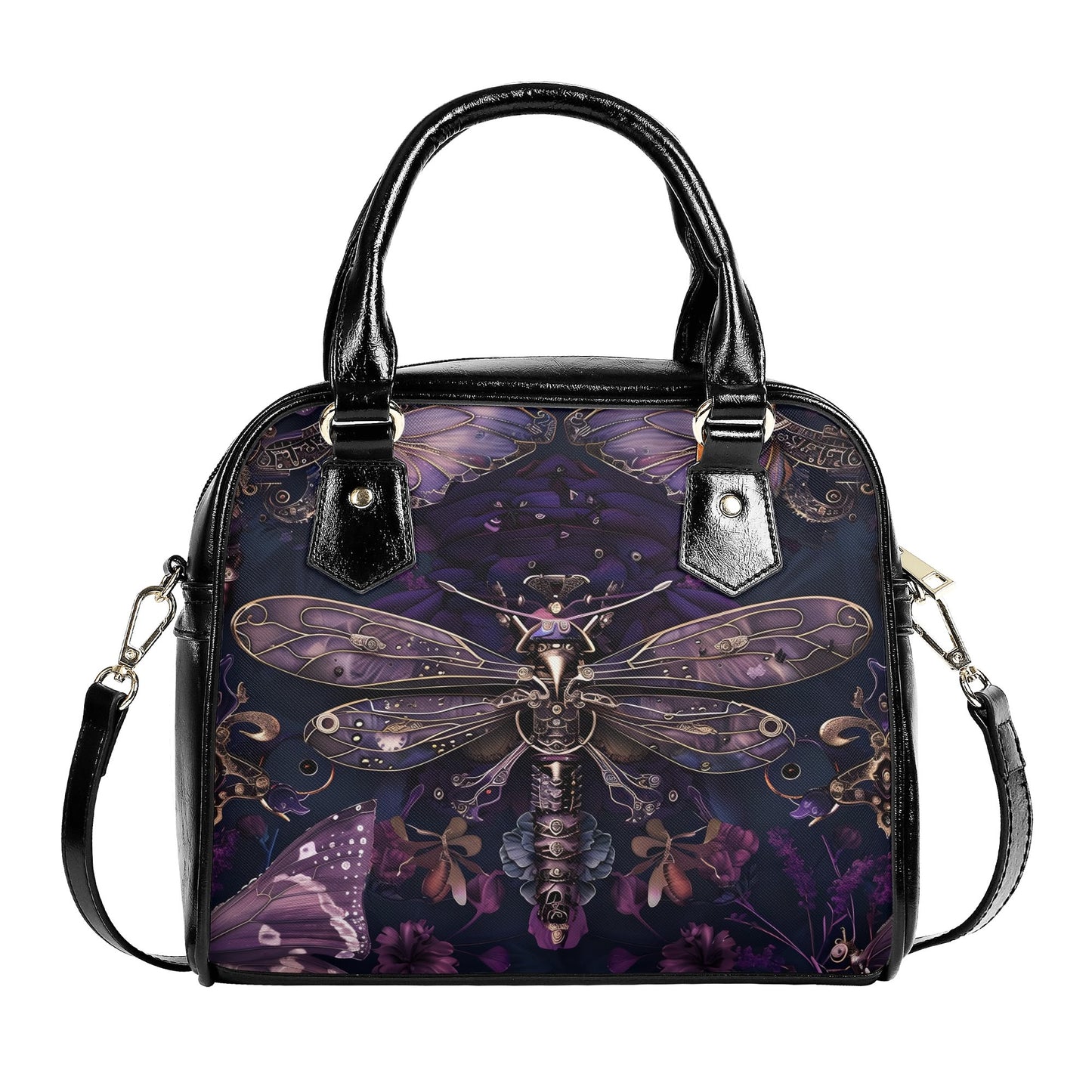 A purple handbag featuring a steampunk dragonfly design with intricate details and metallic accents on a dark background.