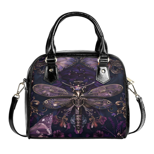 A purple handbag featuring a steampunk dragonfly design with intricate details and metallic accents on a dark background.