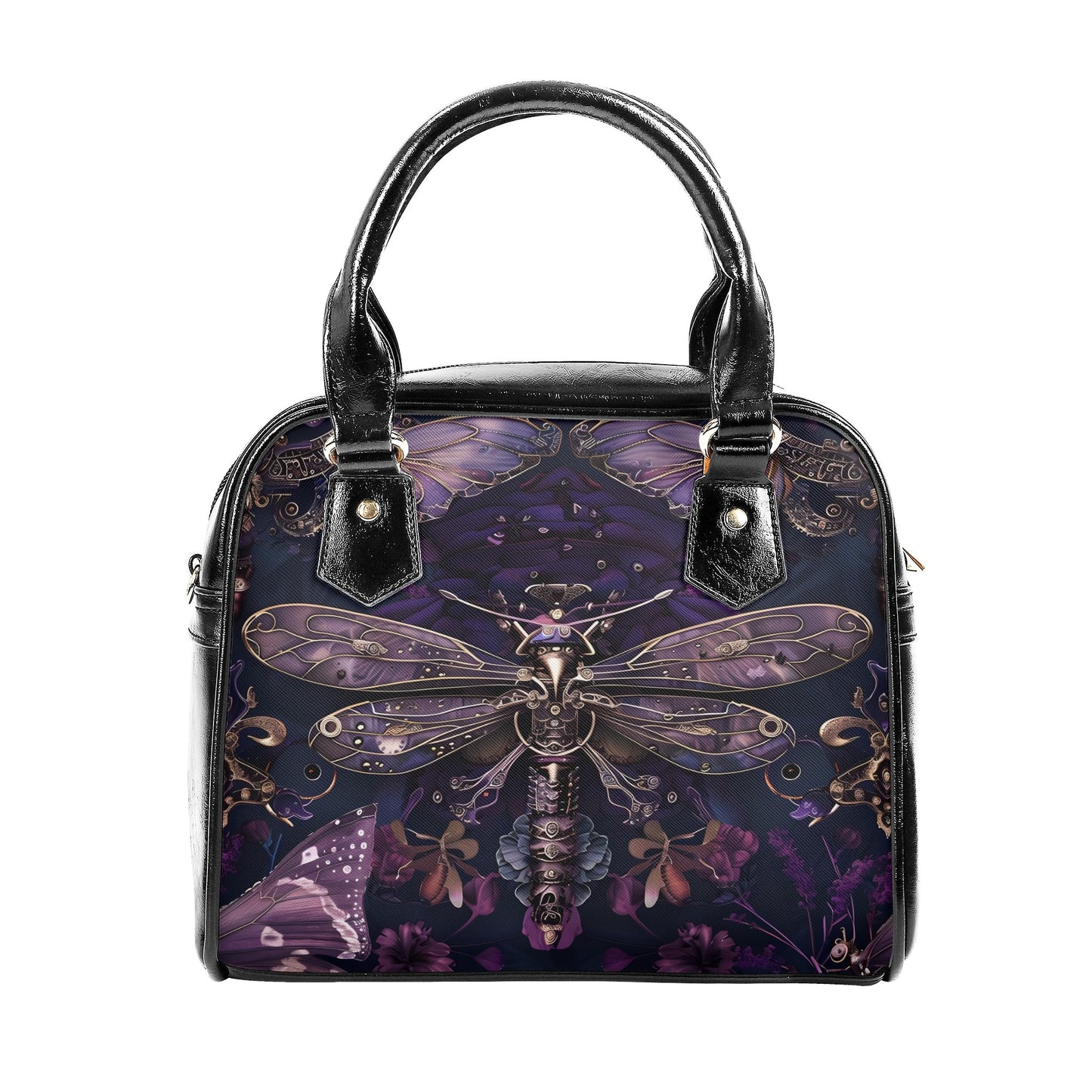 A purple handbag featuring a steampunk dragonfly design with intricate details and metallic accents on a dark background.