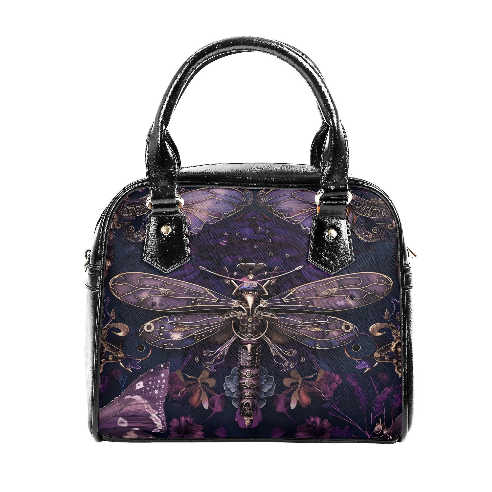 A purple handbag featuring a steampunk dragonfly design with intricate details and metallic accents on a dark background.
