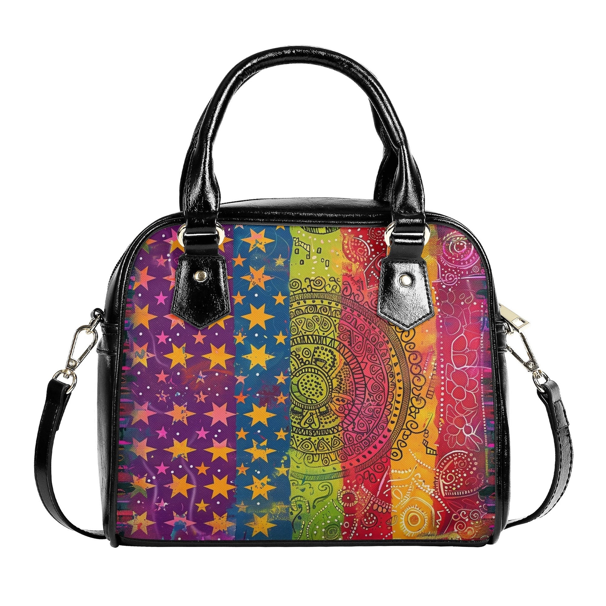 Colorful rainbow pride handbag with detachable shoulder strap, front view featuring mandala and star design