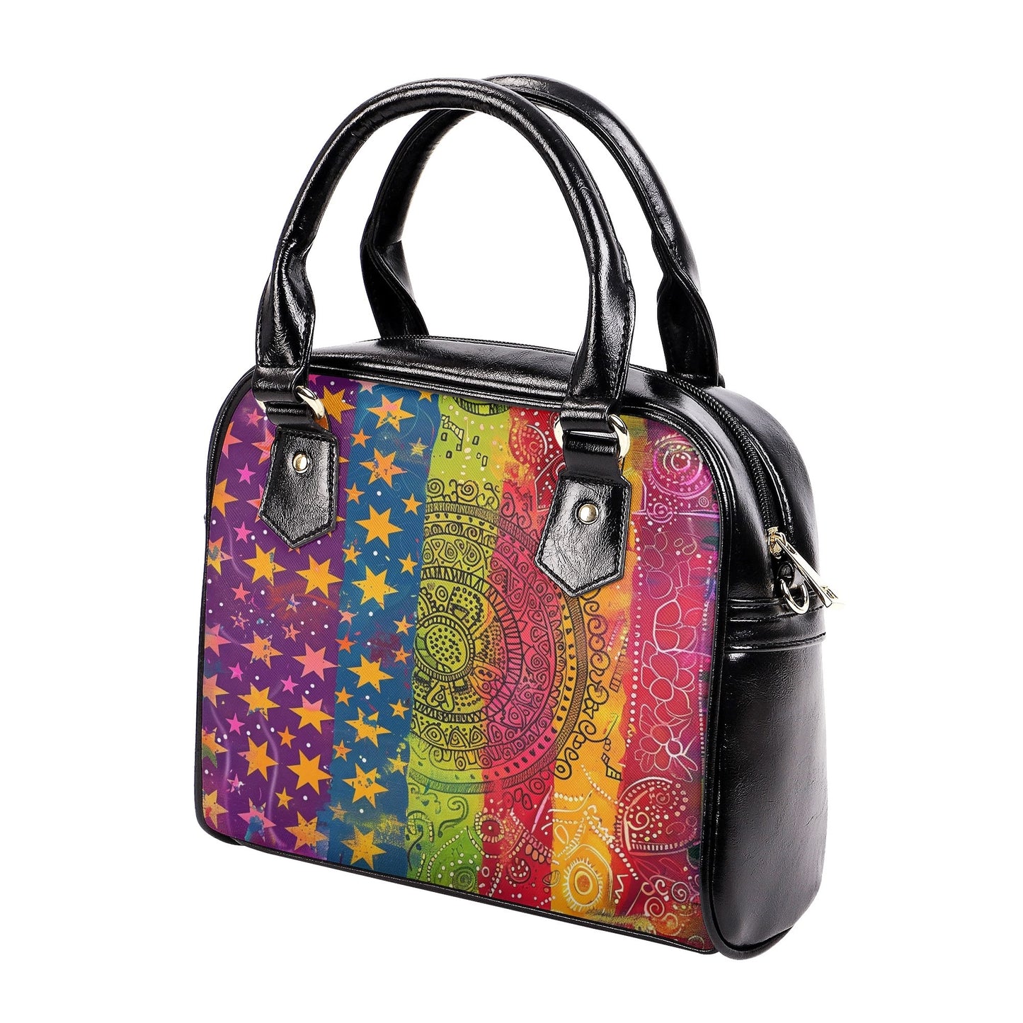 Rainbow mandala handbag with vibrant boho artwork, angled front view showing black vegan leather sides